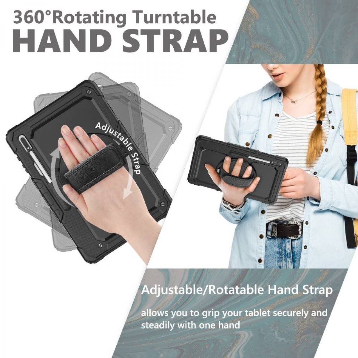 Tablet mit Handschlaufe, mit dem Text 'Verstellbarer/Drehbarer Handriemen' und '360 Rotating Turntable'.