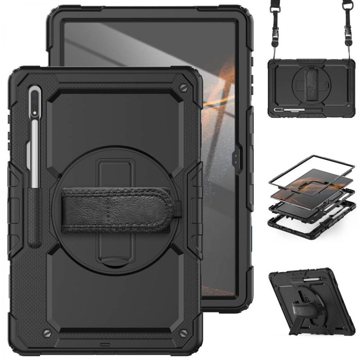 Schwarze Tablet-Hülle mit Handschlaufe, Stift und Drehständer. Die Hülle ist robust.