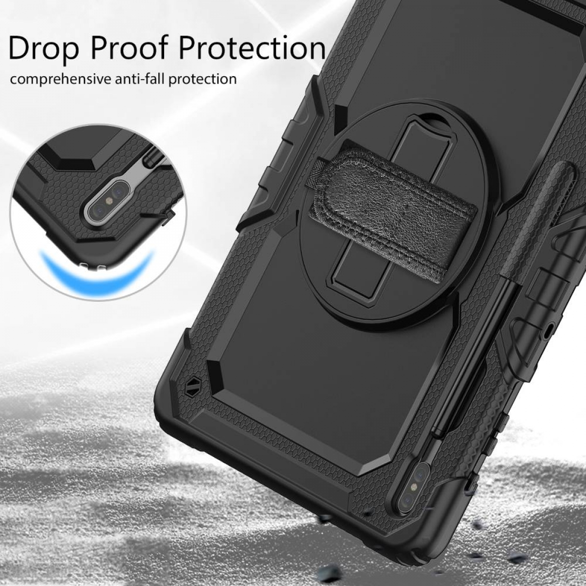 Schwarze Handyhülle mit Rückenstütze und Stift. Text: Drop Proof Protection, umfassender Fallschutz.