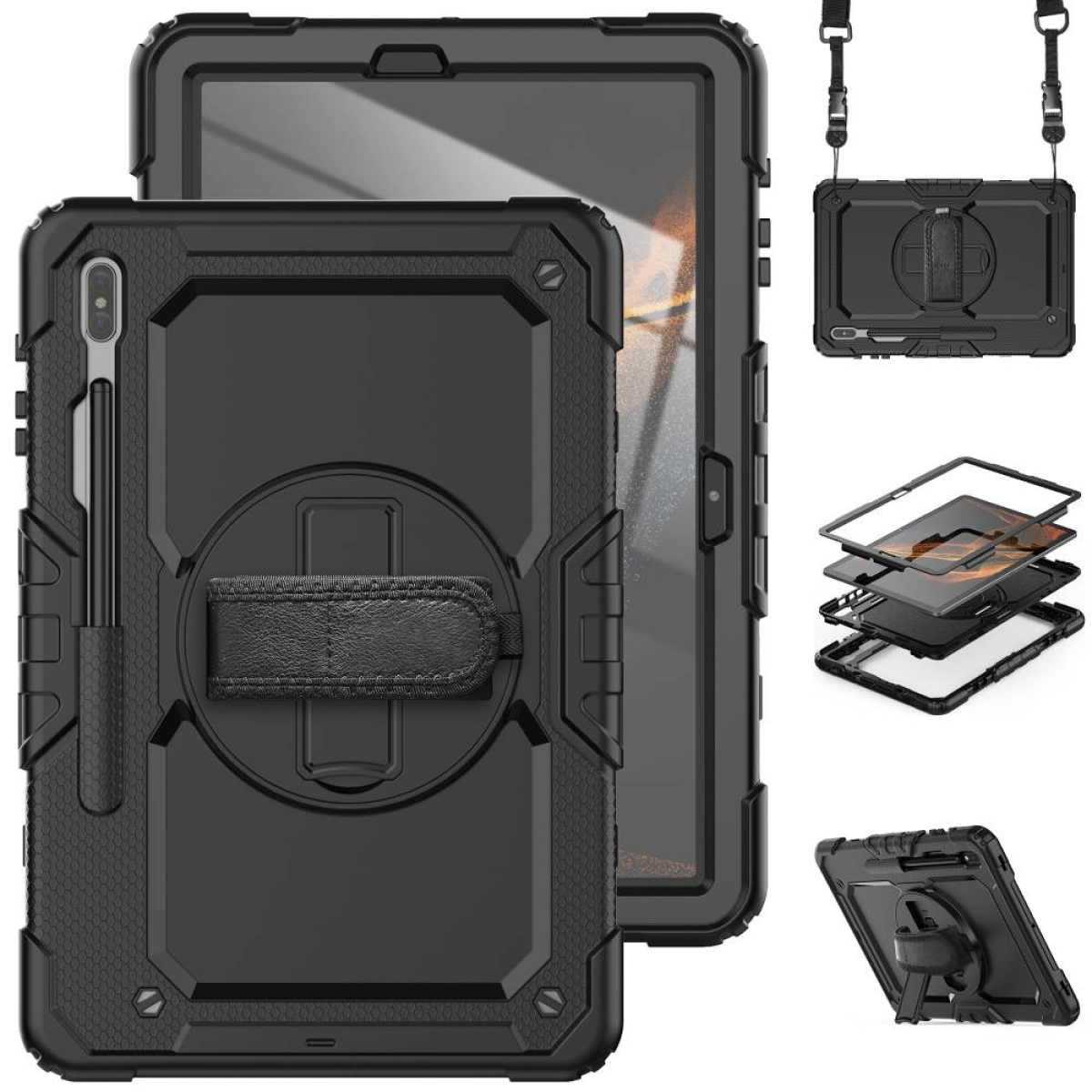 Schwarze Tablethülle mit Tablet. Verschiedene Teile der Hülle werden gezeigt.