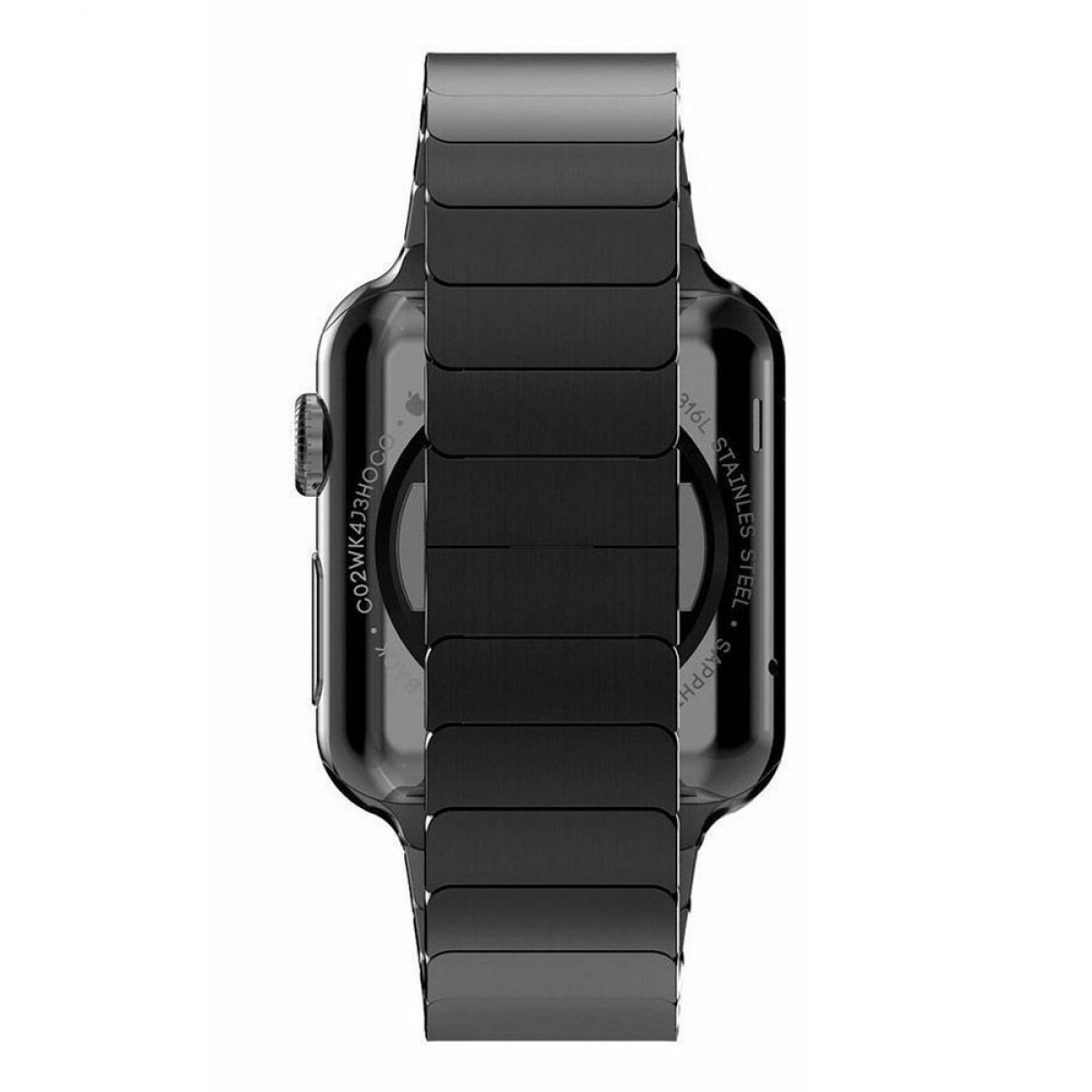 Schwarze Apple Watch aus Edelstahl mit Gliederarmband, Rückansicht mit Sensoren und Details.
