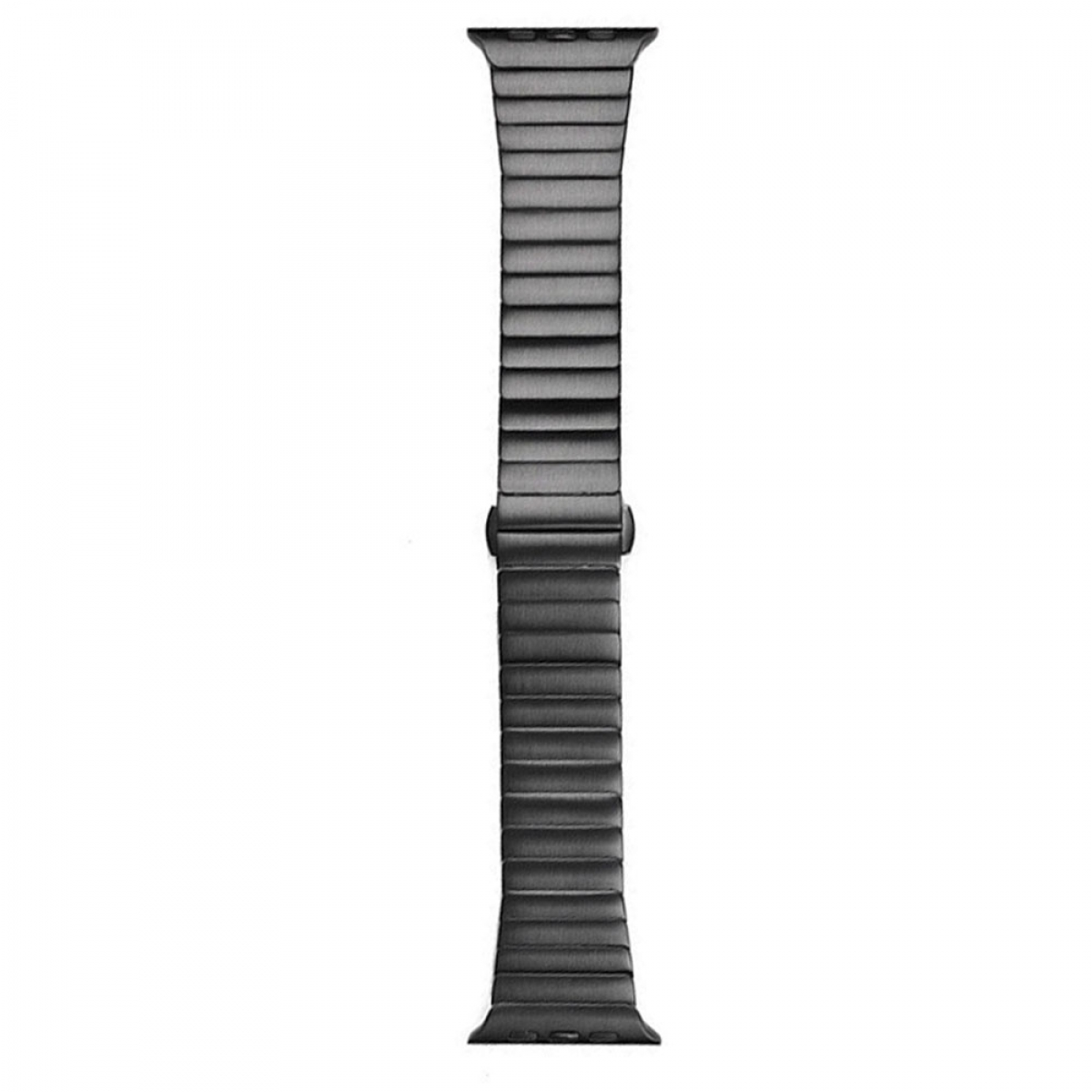 Dunkelgraues Uhrenarmband. Es besteht aus mehreren kleinen Metallteilen. Weißer Hintergrund.