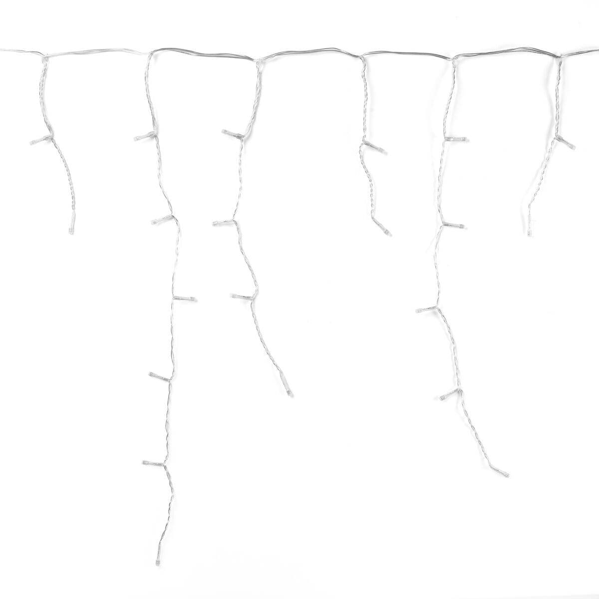 Szereg białych świateł wiszących z linii na białym tle.