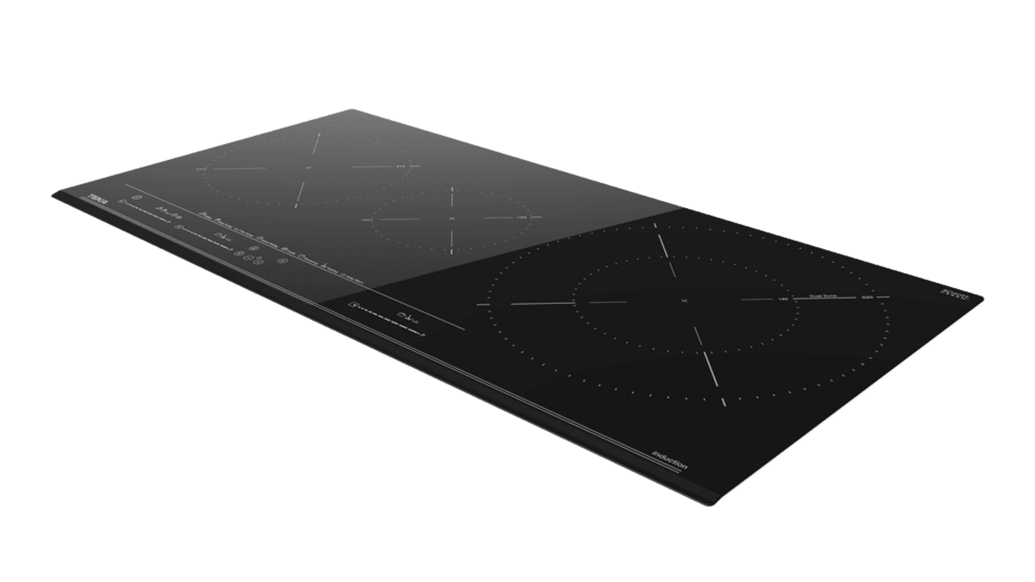 Czarna płyta indukcyjna, widok z góry. Cztery okrągłe strefy gotowania.