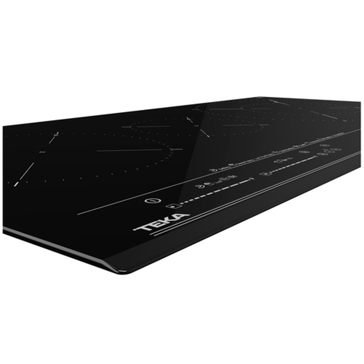 Czarna płyta indukcyjna marki Teka z białymi oznaczeniami stref gotowania i elementów sterowania.