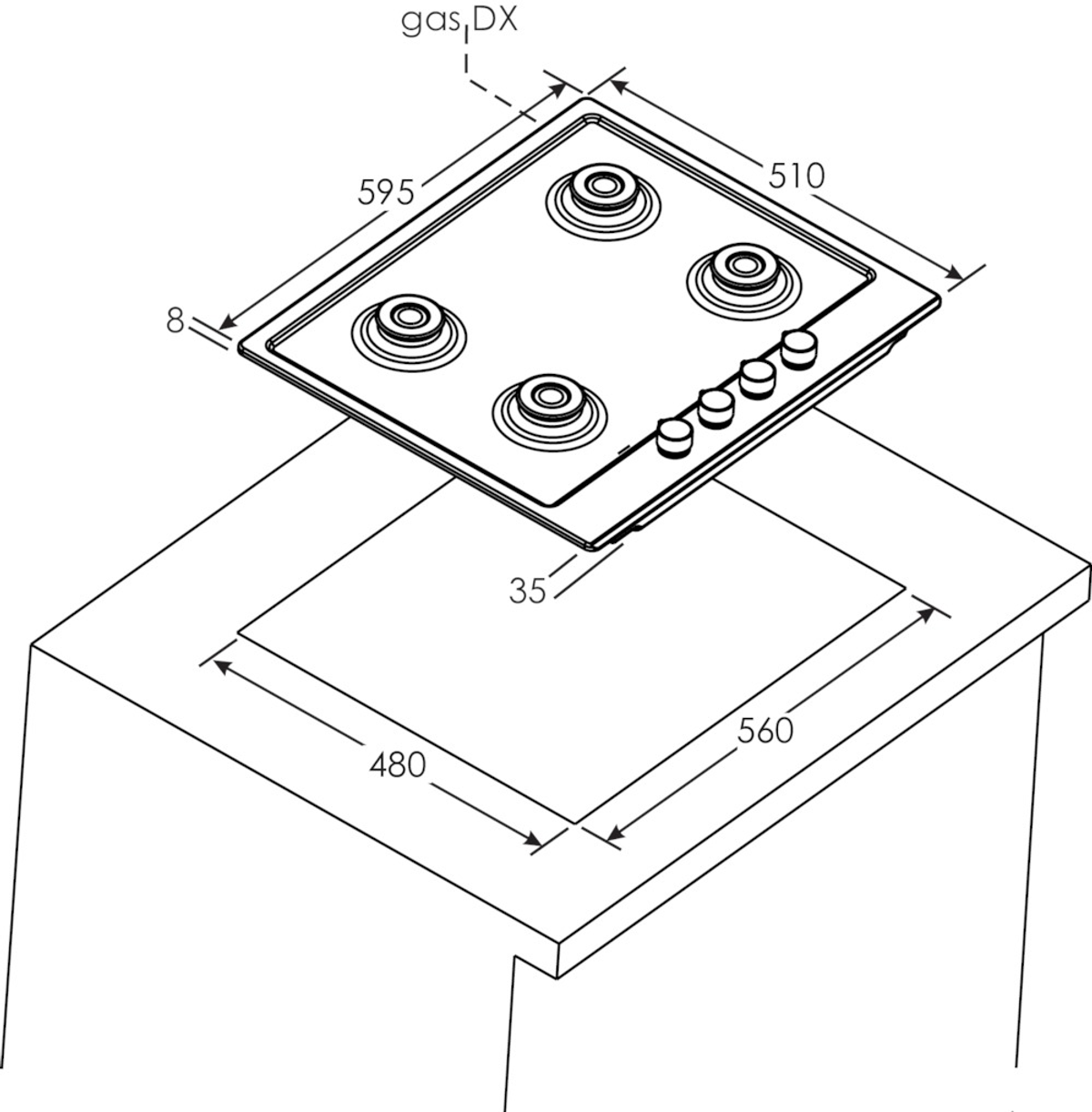 Schemat płyty gazowej z czterema palnikami. Wymiary i etykiety w zestawie.