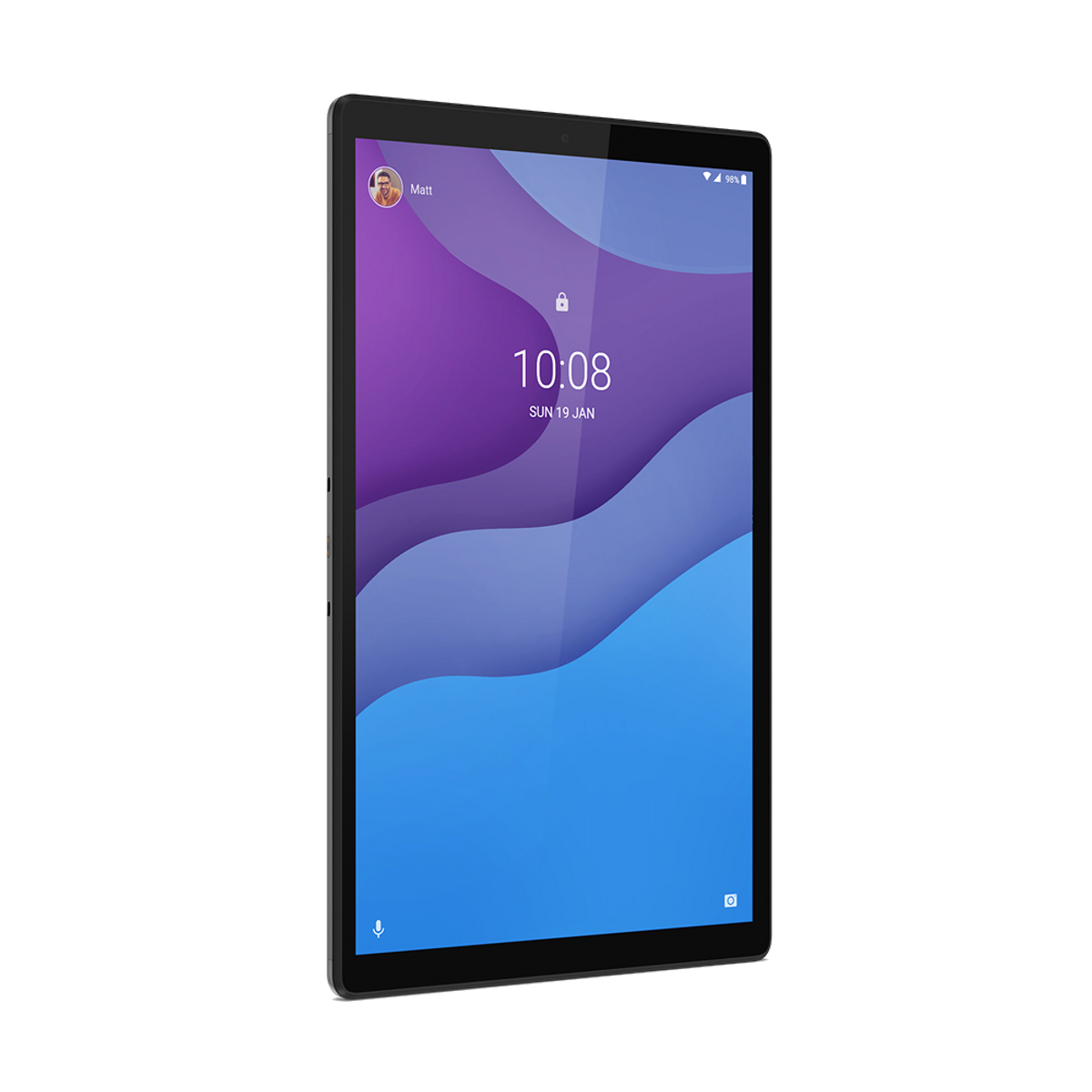 Tablet z fioletowo-niebieskim wzorem fal na ekranie i profilem osoby.