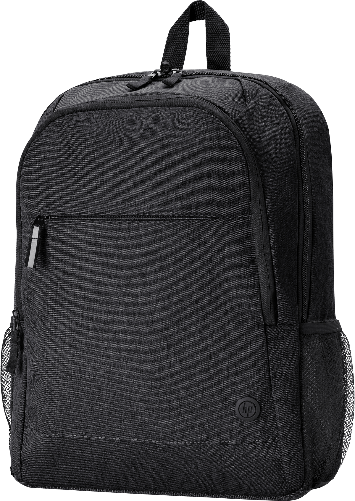 Zaino nero con tasche anteriori e laterali, logo HP, sfondo nero.