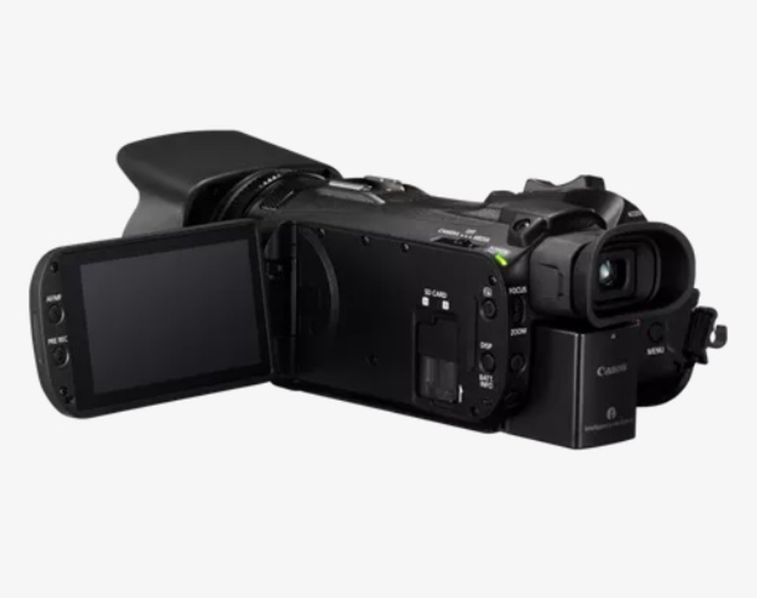 Czarna kamera z otwartym ekranem, pokazująca szczegóły.