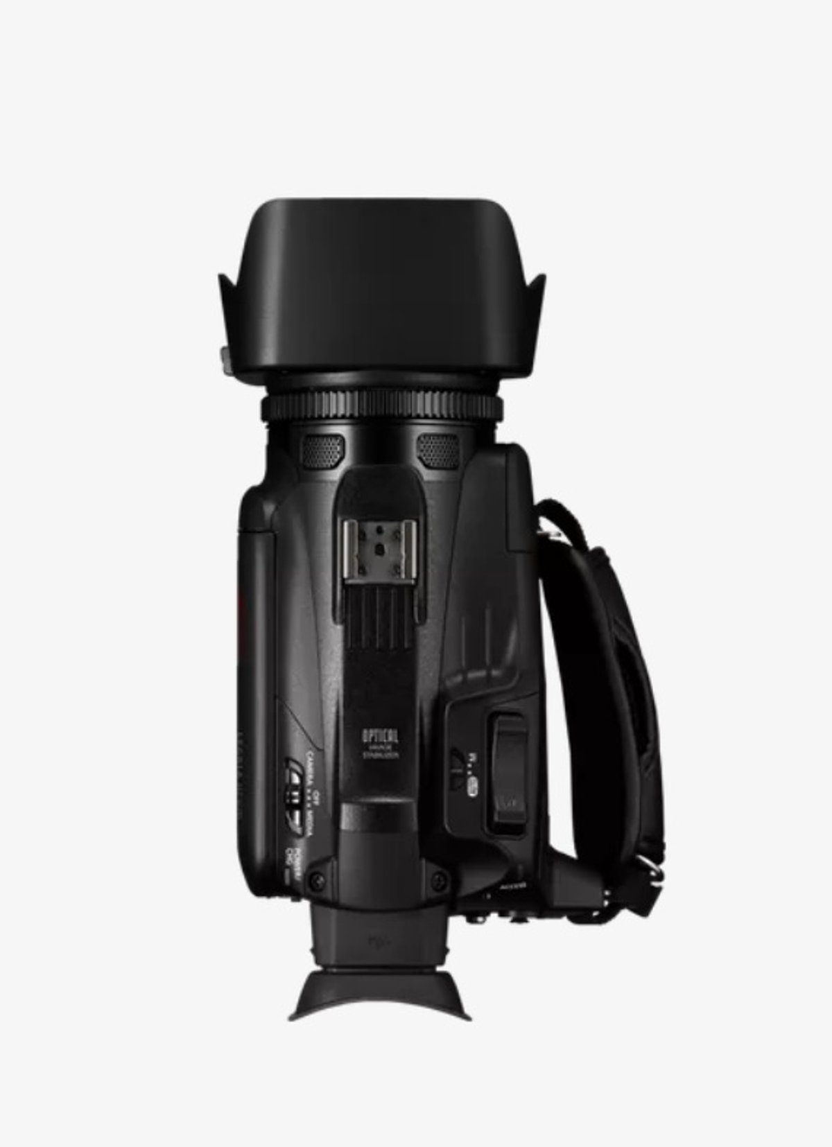 Czarna kamera wideo, widok z boku, z osłoną przeciwsłoneczną i uchwytem. Kamera ma mikrofon.