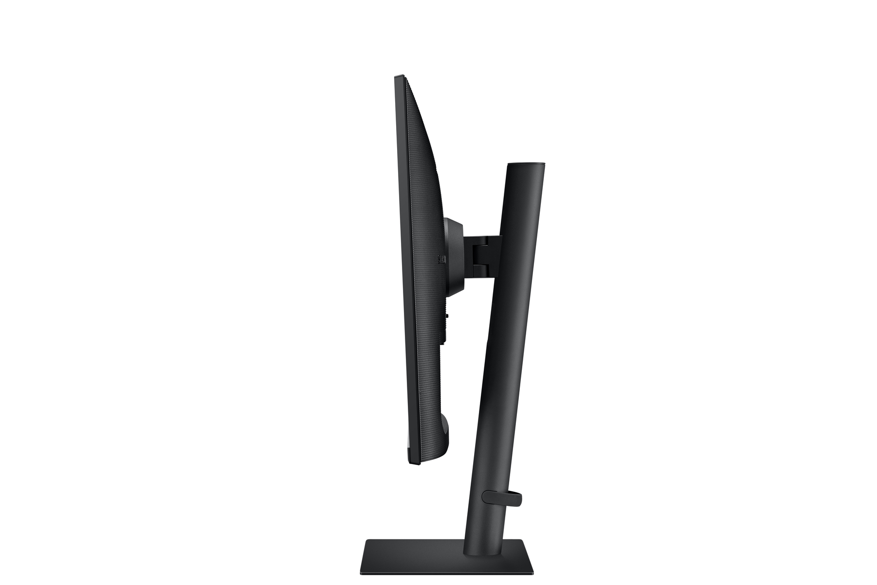Widok z boku czarnego monitora. Ekran jest czarny, a podstawa również czarna i regulowana.