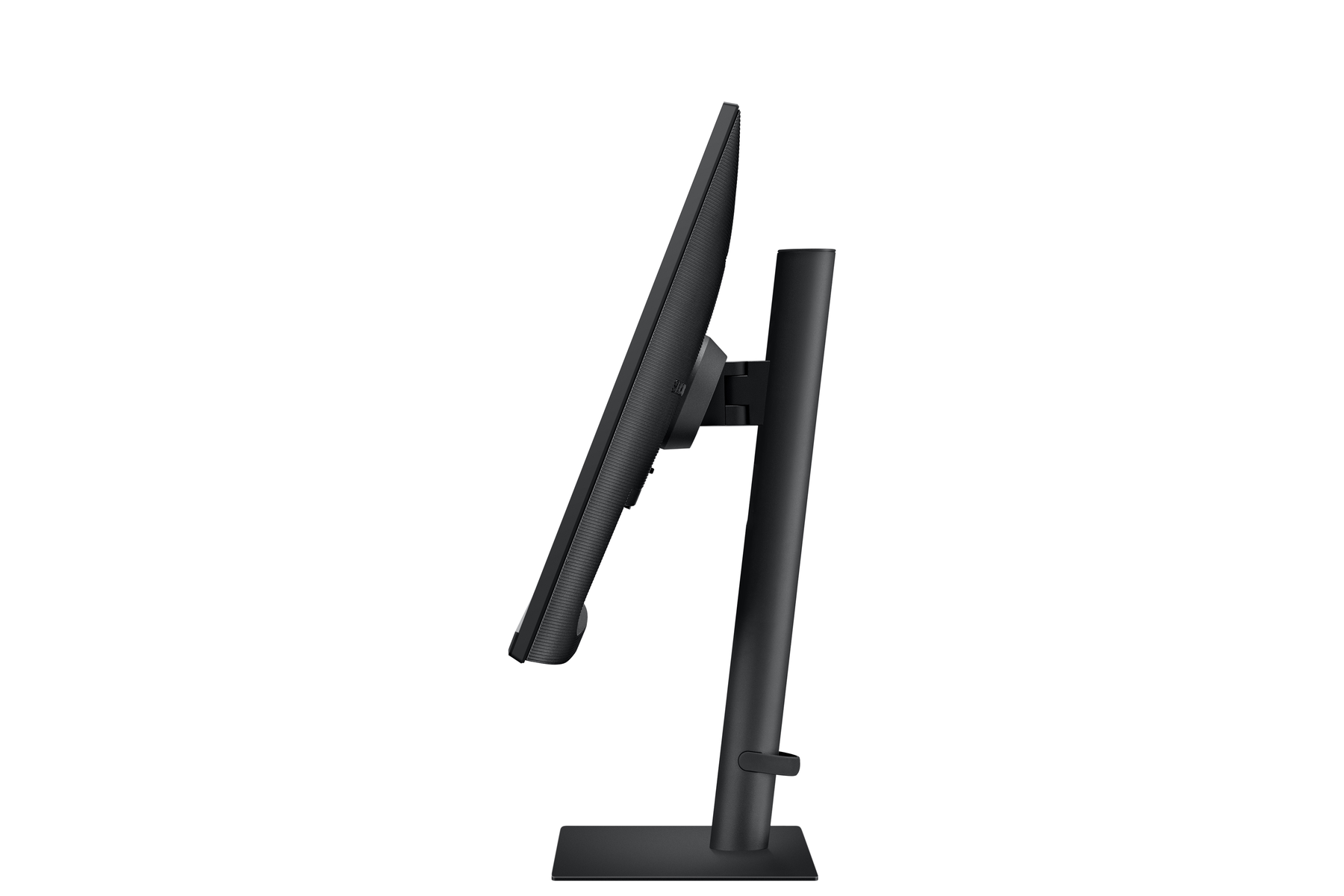 Czarny monitor komputera, widok z boku, na czarnym stojaku, białe tło.