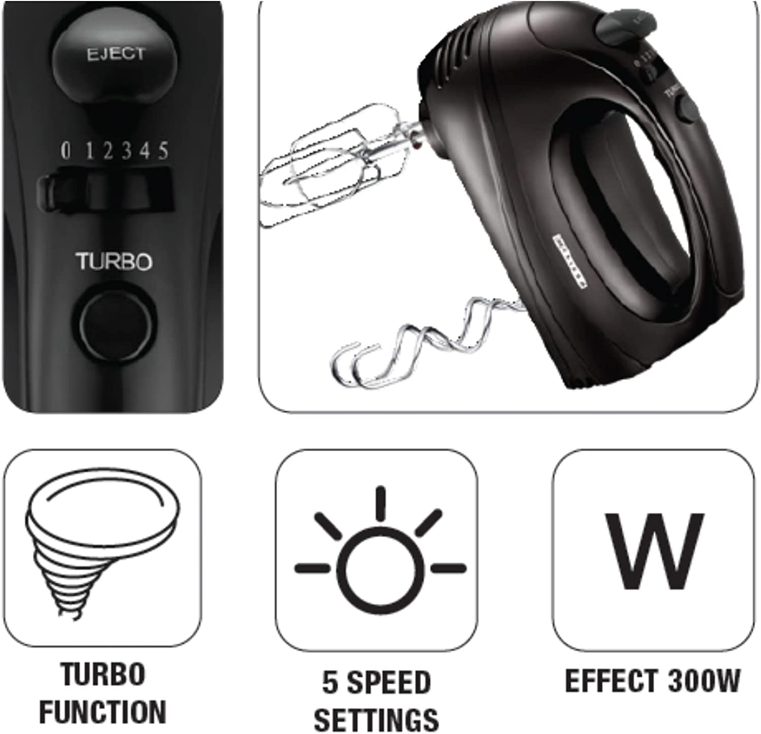 Czarny mikser ręczny z panelem sterowania, funkcją turbo i ustawieniami mocy.