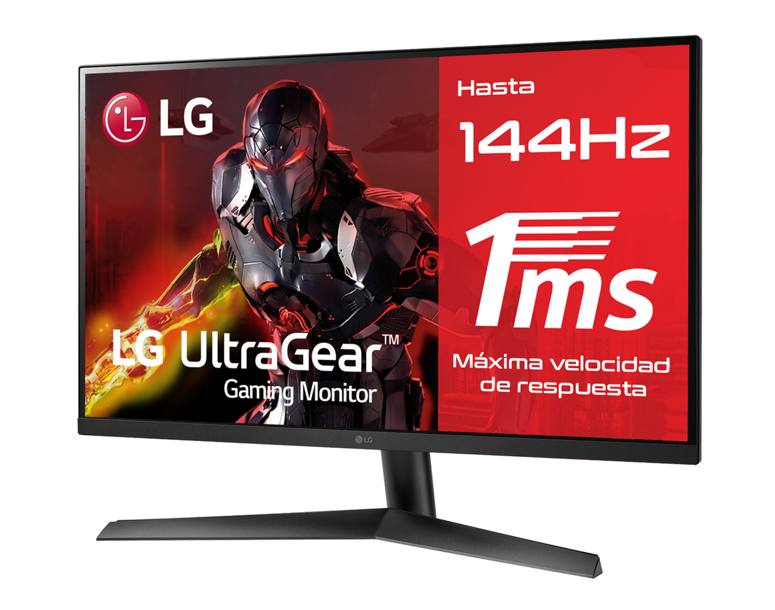 Monitor negro con texto rojo y blanco. Una persona con uniforme de juego está en la pantalla.