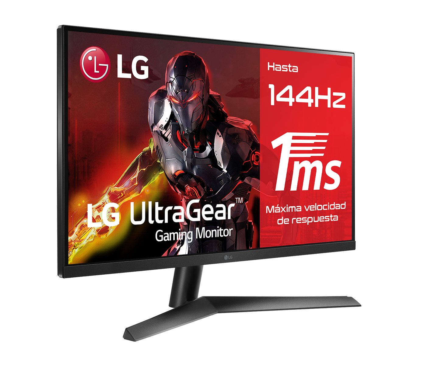 Monitor gaming LG UltraGear. Cuerpo negro con detalles rojos, mostrando una imagen de guerrero futurista y especificaciones: 144Hz, 1ms.