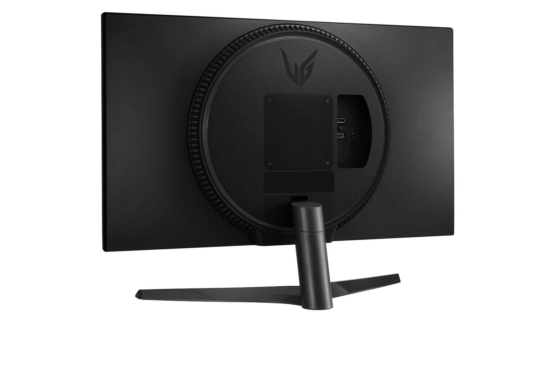 Vista trasera de un monitor negro. Se ven los puertos. El logo de LG está en el centro.