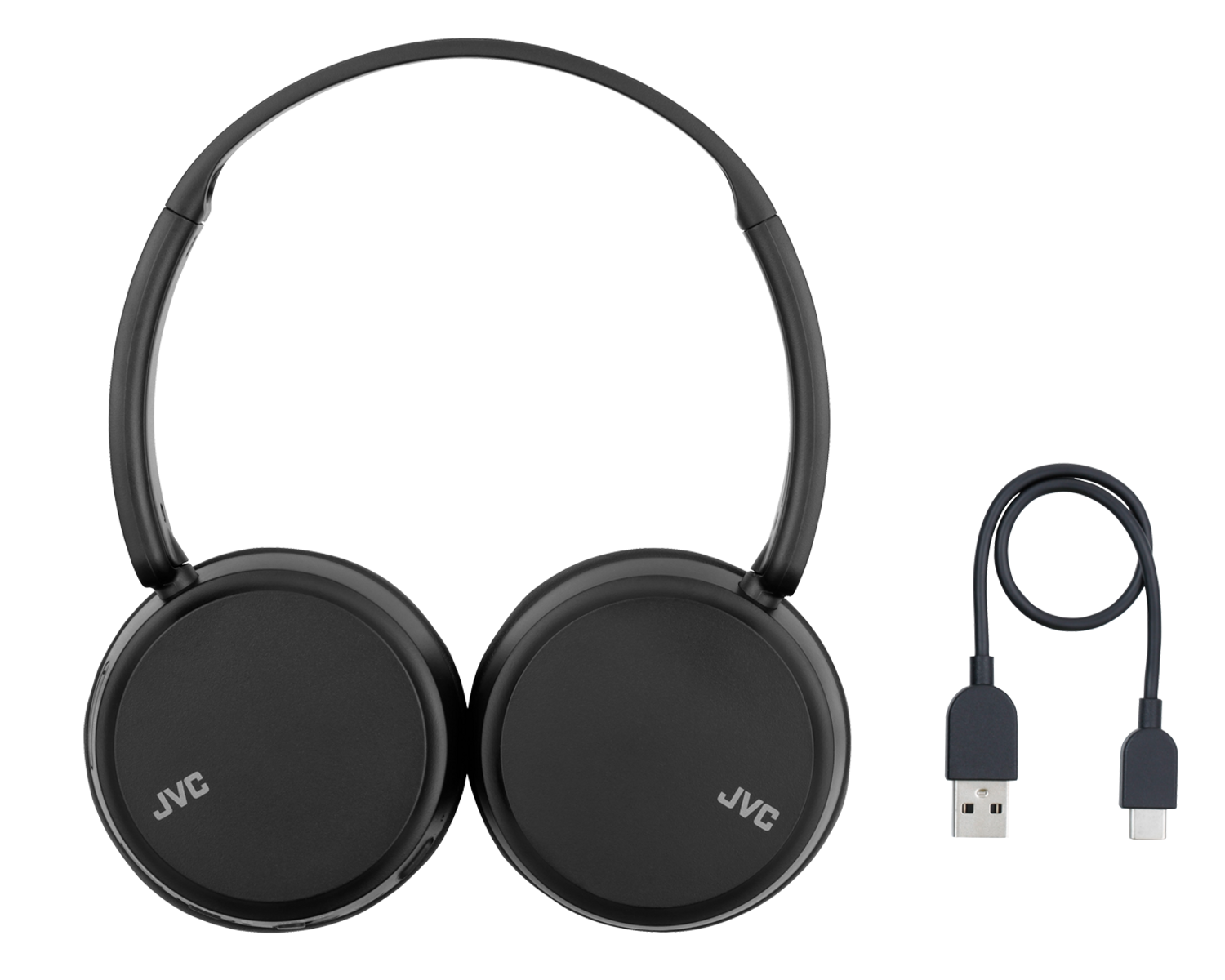 Czarne słuchawki JVC i kabel USB.