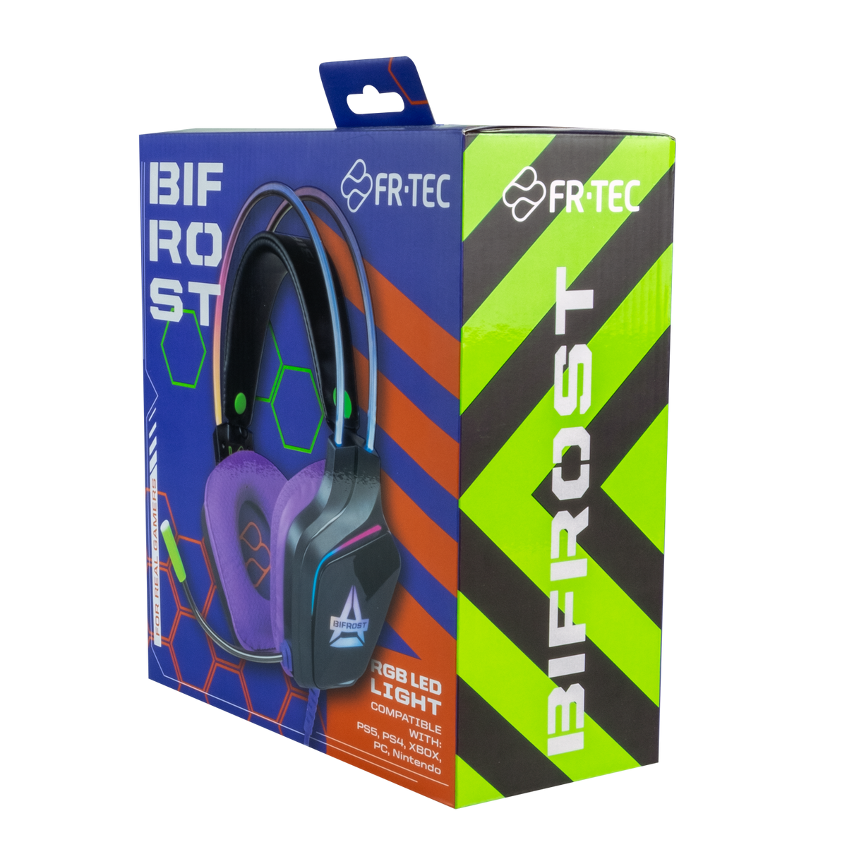 Pudełko słuchawek z logo Bifrost i FR-TEC, słuchawki w środku.