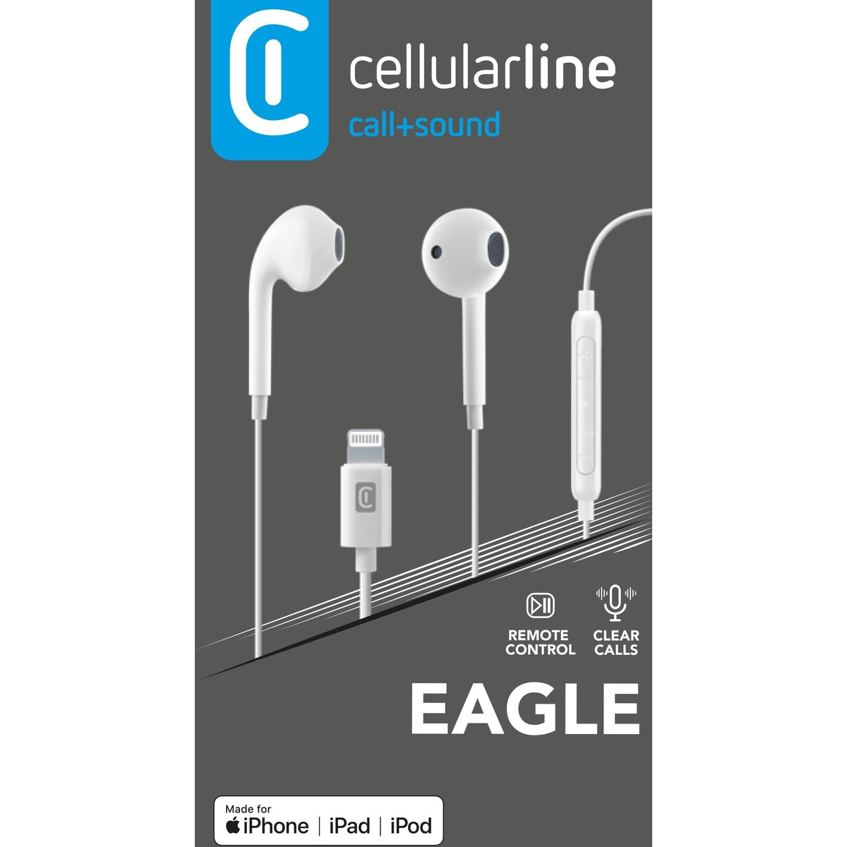 White earphones with a lightning connector and a remote control, packaged in a white background.