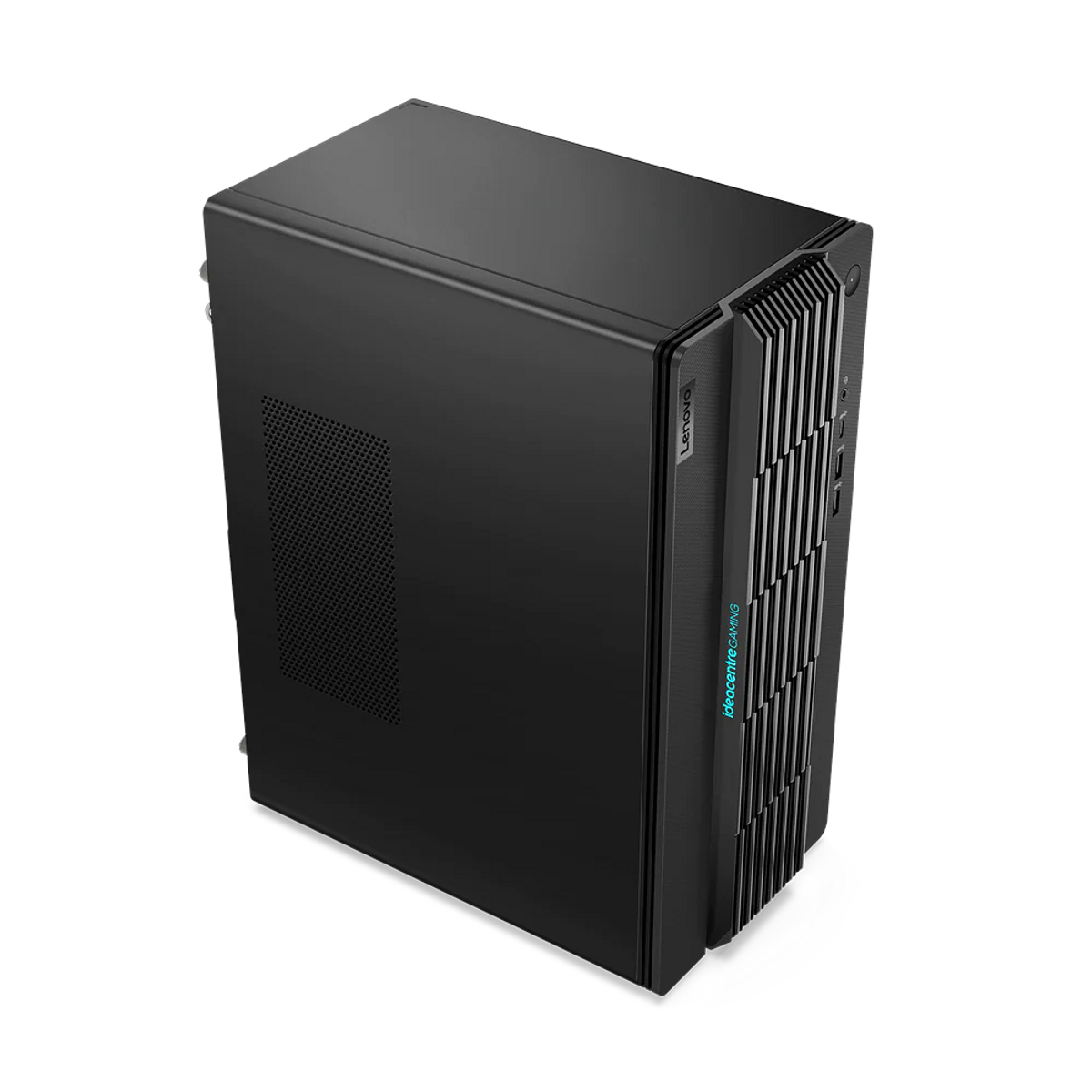 Computer desktop Lenovo nero con logo Ideacentre gaming sul davanti.