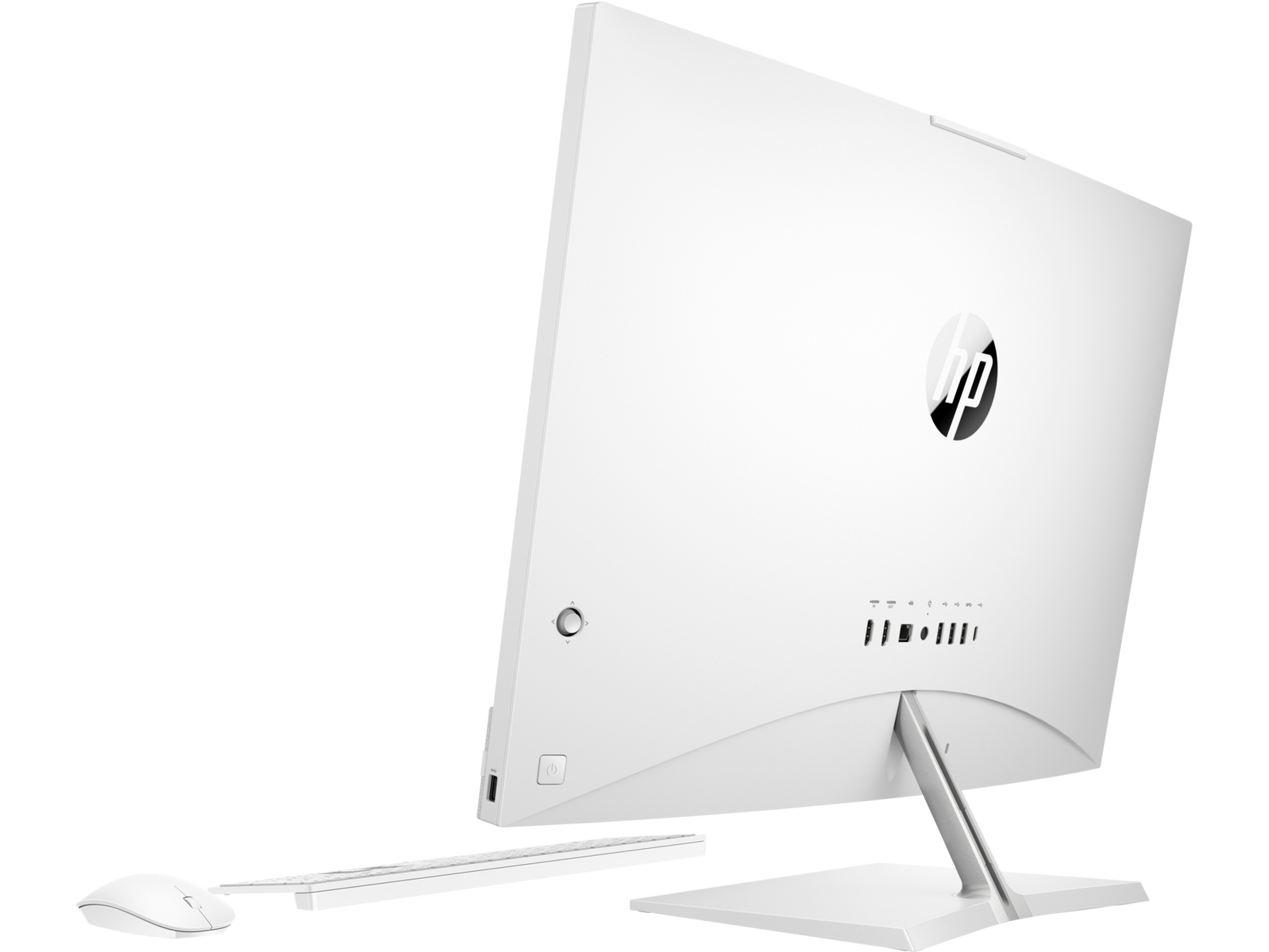 Ordenador blanco todo en uno con un ratón sobre una mesa blanca.