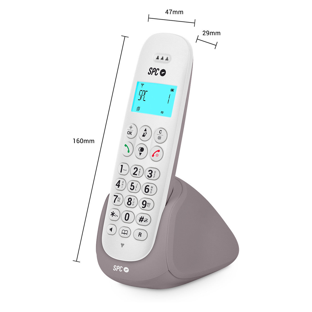 Teléfono inalámbrico blanco con pantalla. El teléfono está en su base de carga.