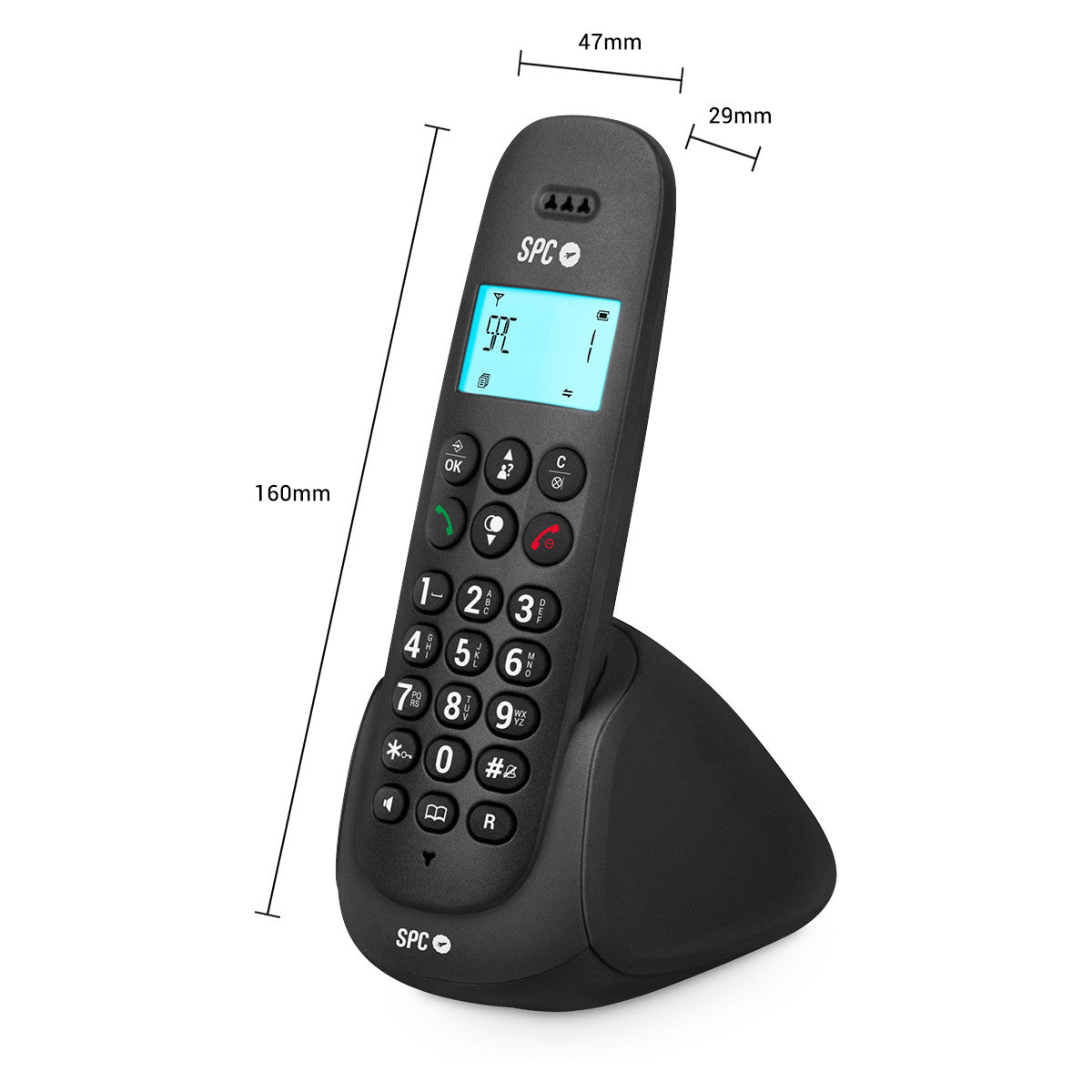 Teléfono inalámbrico negro sobre una base. Números y dimensiones visibles.