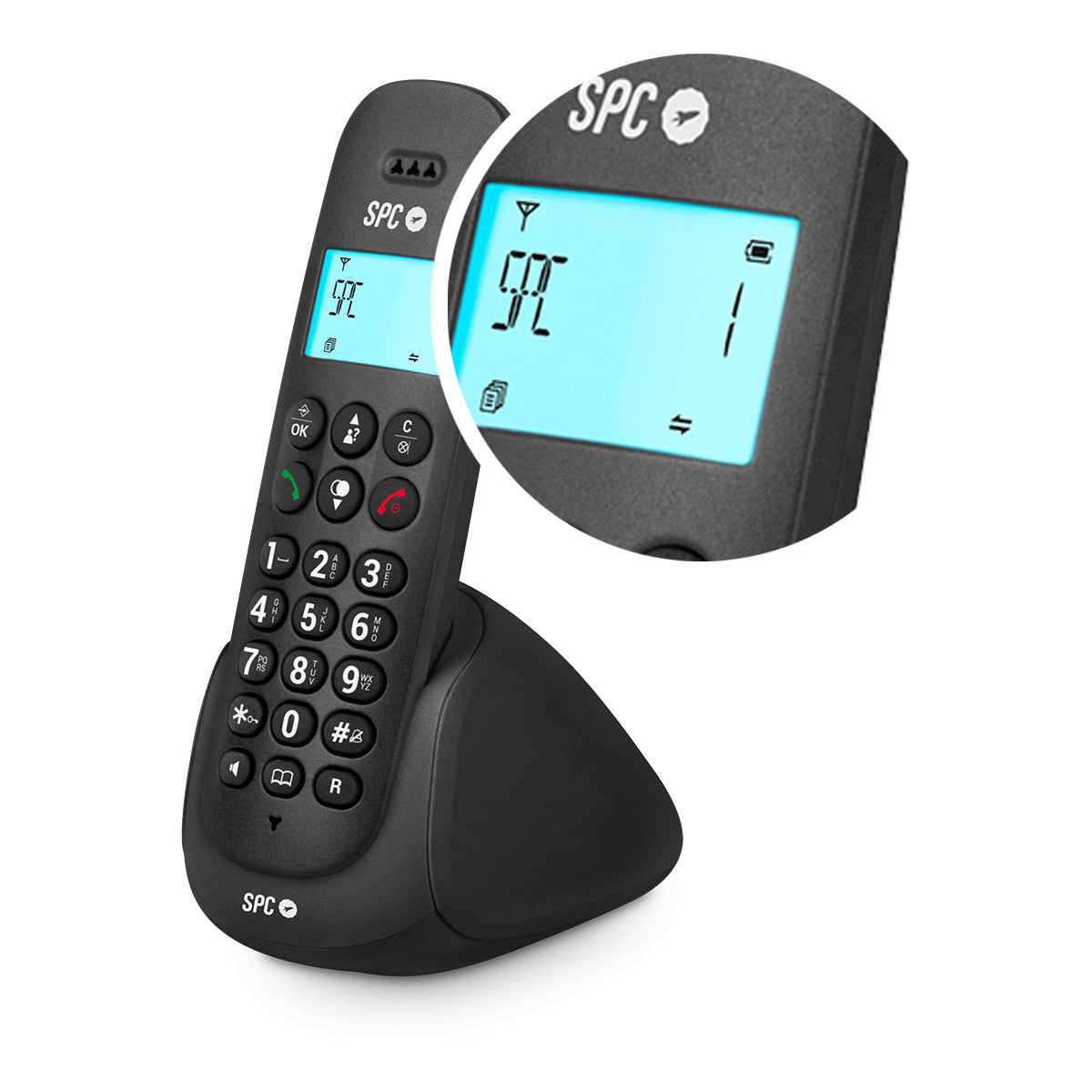 Un teléfono inalámbrico negro en su base de carga, con un primer plano de la pantalla.