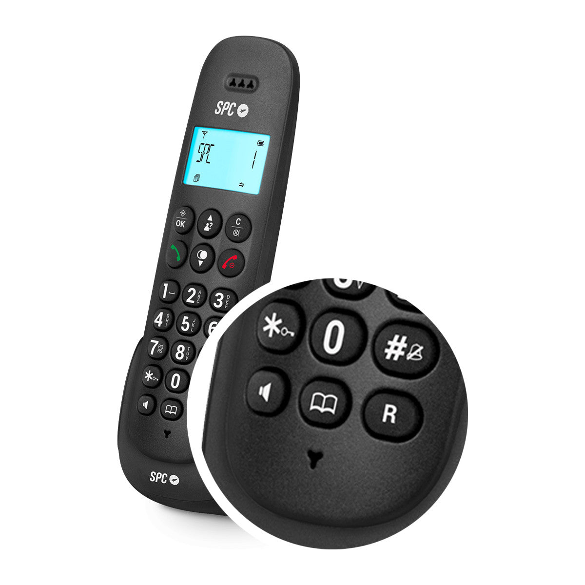 Un teléfono inalámbrico SPC negro con un primer plano del teclado.