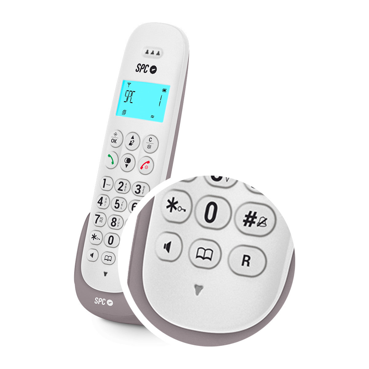 Teléfono inalámbrico blanco con botones grandes y pantalla pequeña. Se muestra un primer plano del teclado.