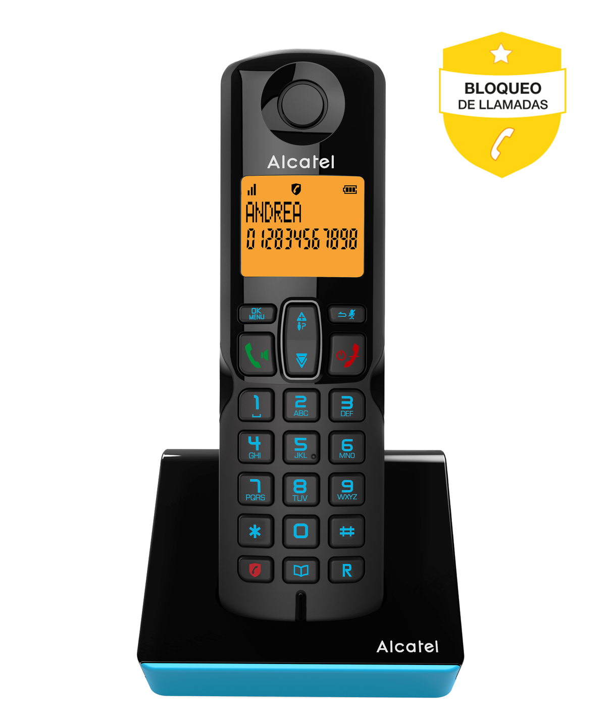 Black phone with a display showing details, on a black charging base.
