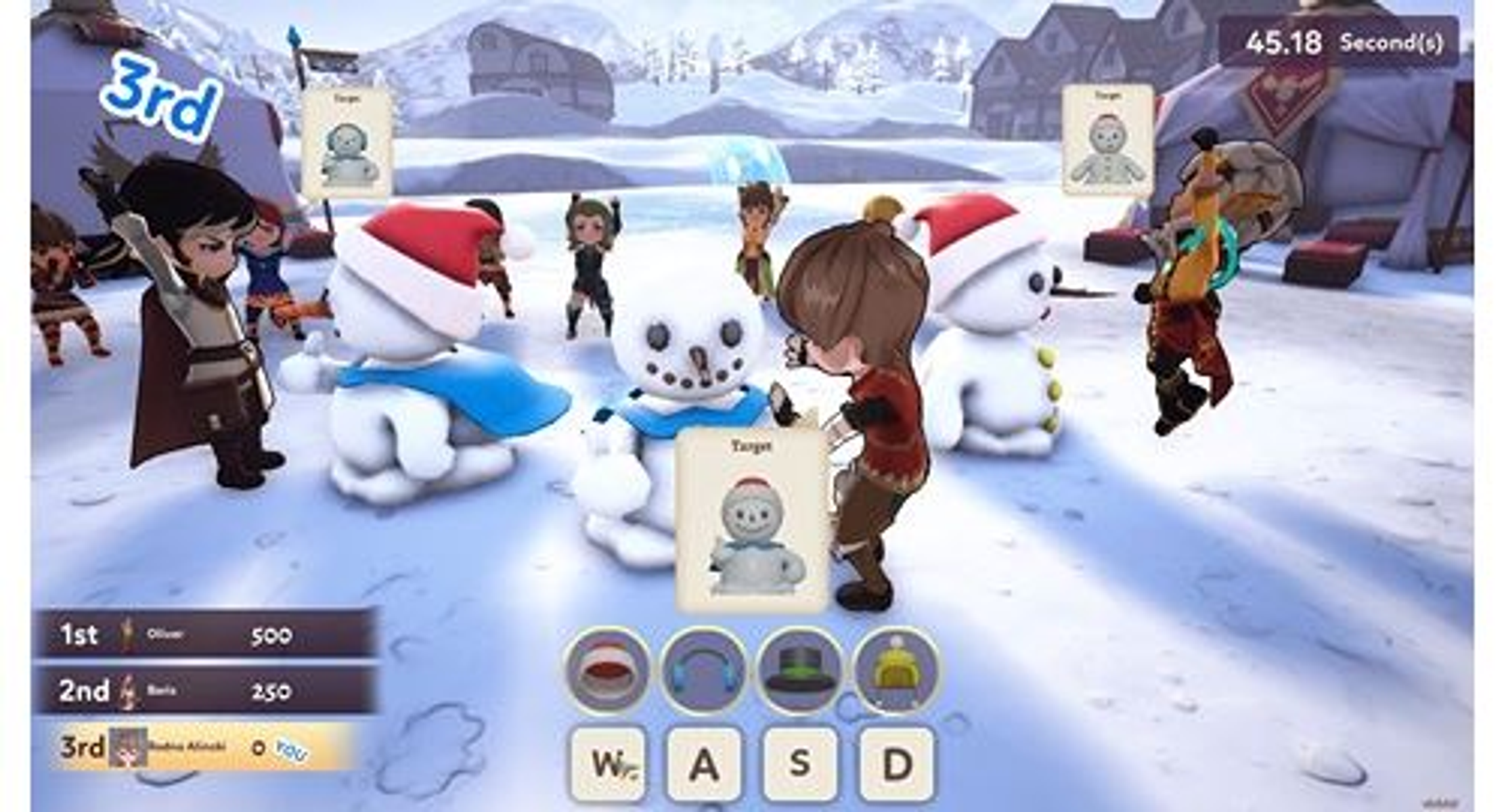 Captura de pantalla de un juego de una escena invernal con personajes y un muñeco de nieve. Marcador y controles del juego abajo.