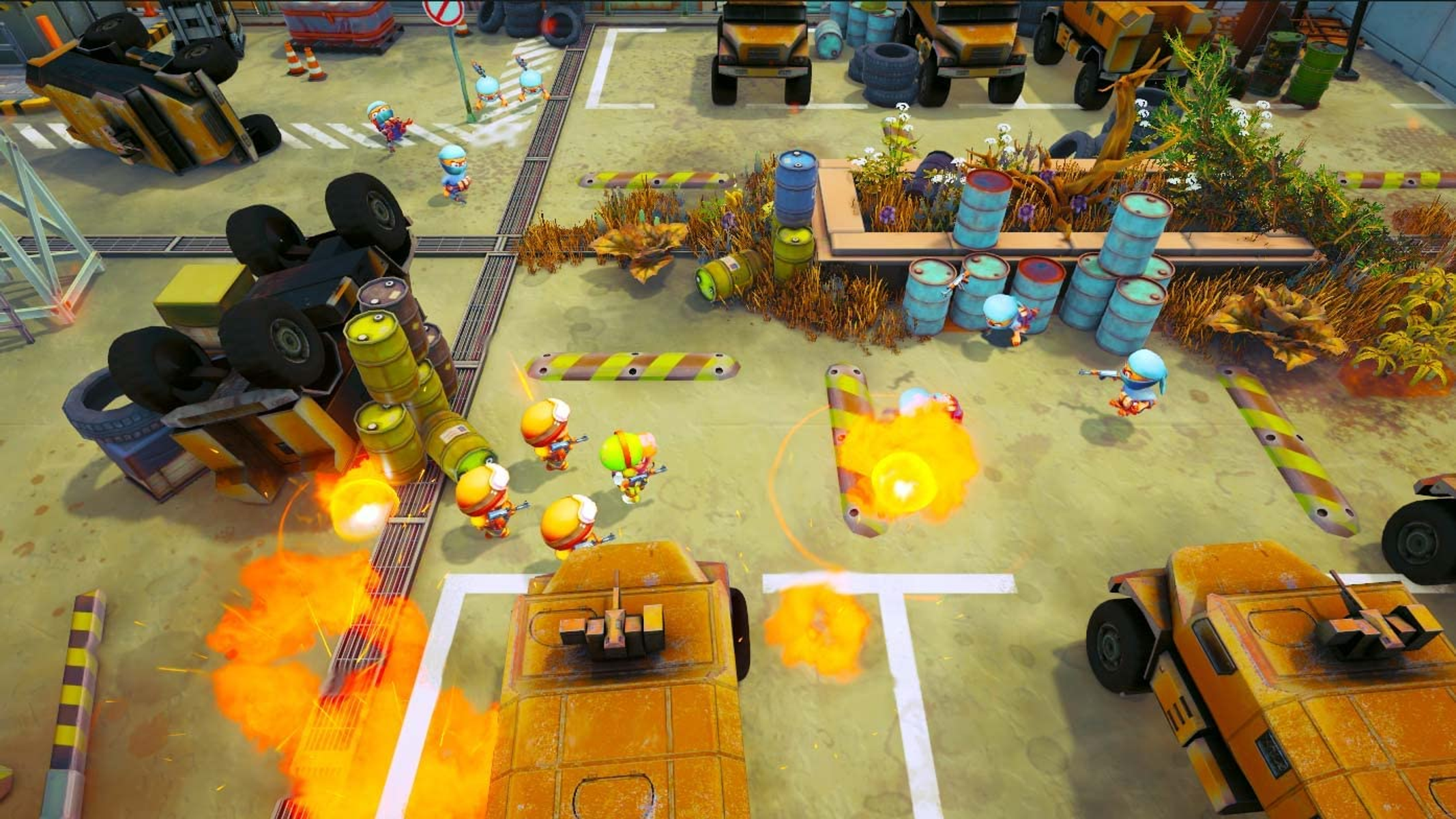 Una visuale dall'alto di una scena di un videogioco a cartoni animati con veicoli, personaggi ed esplosioni.