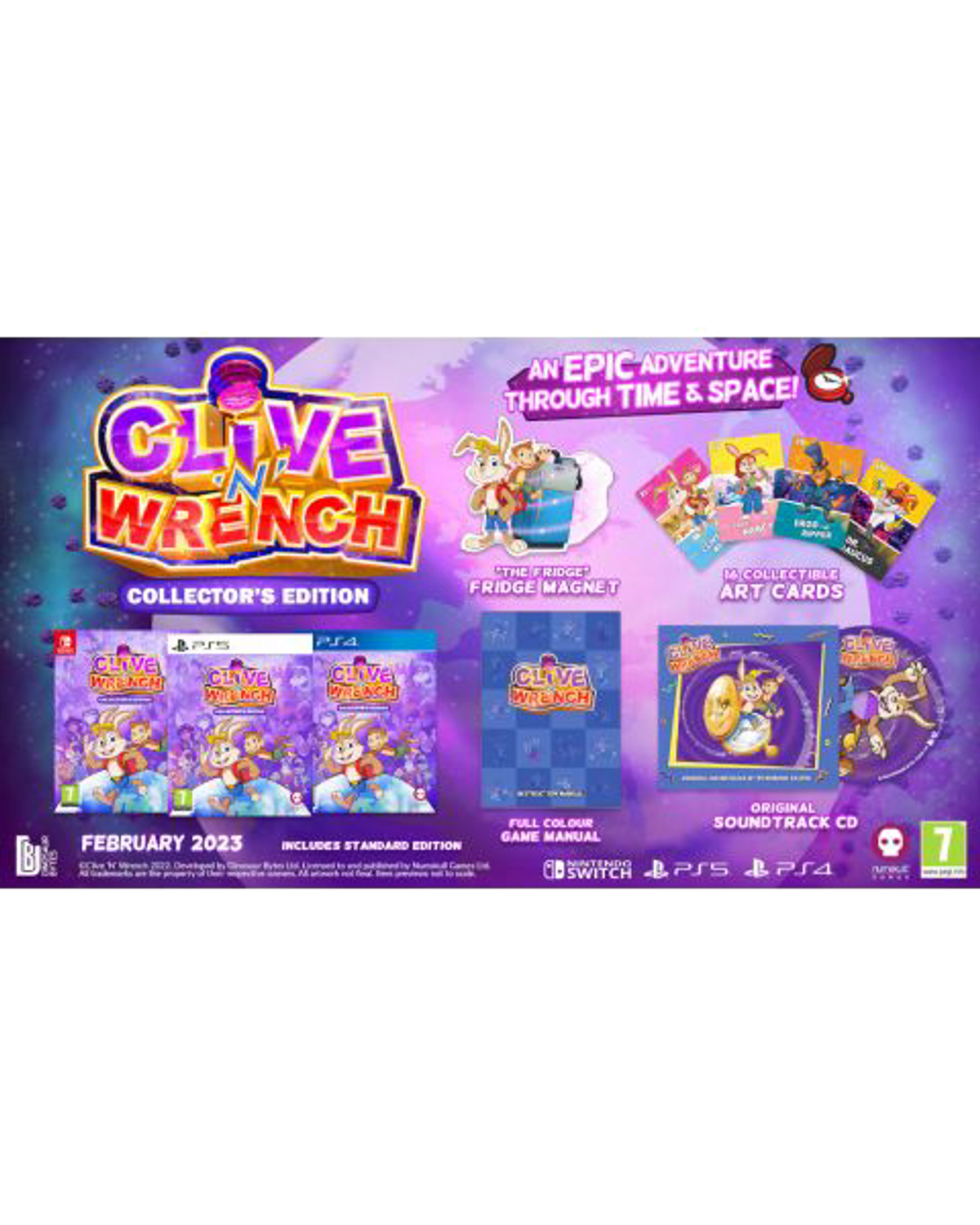 Pudełko z grą Clive Wrench Collector's Edition, płyta z grą, karty artystyczne i magnes, z logo gry.