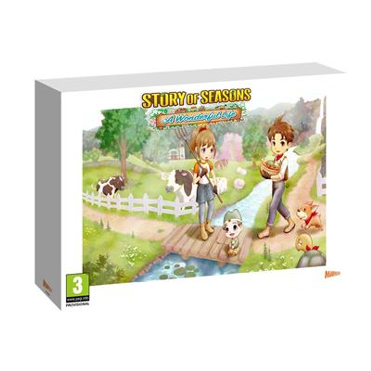 Spielbox-Art für 'Story of Seasons' mit Mann, Frau, Baby, Kühen und Hund auf einer Brücke.