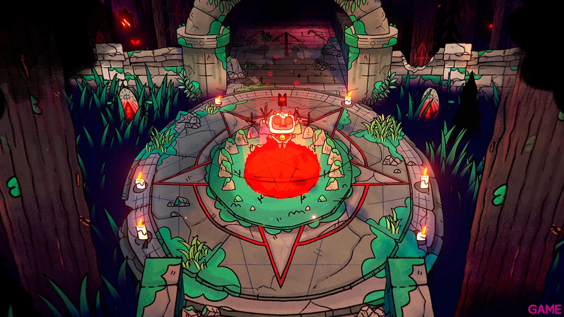 Vista isometrica di una scena di gioco con candele e un cerchio rosso.