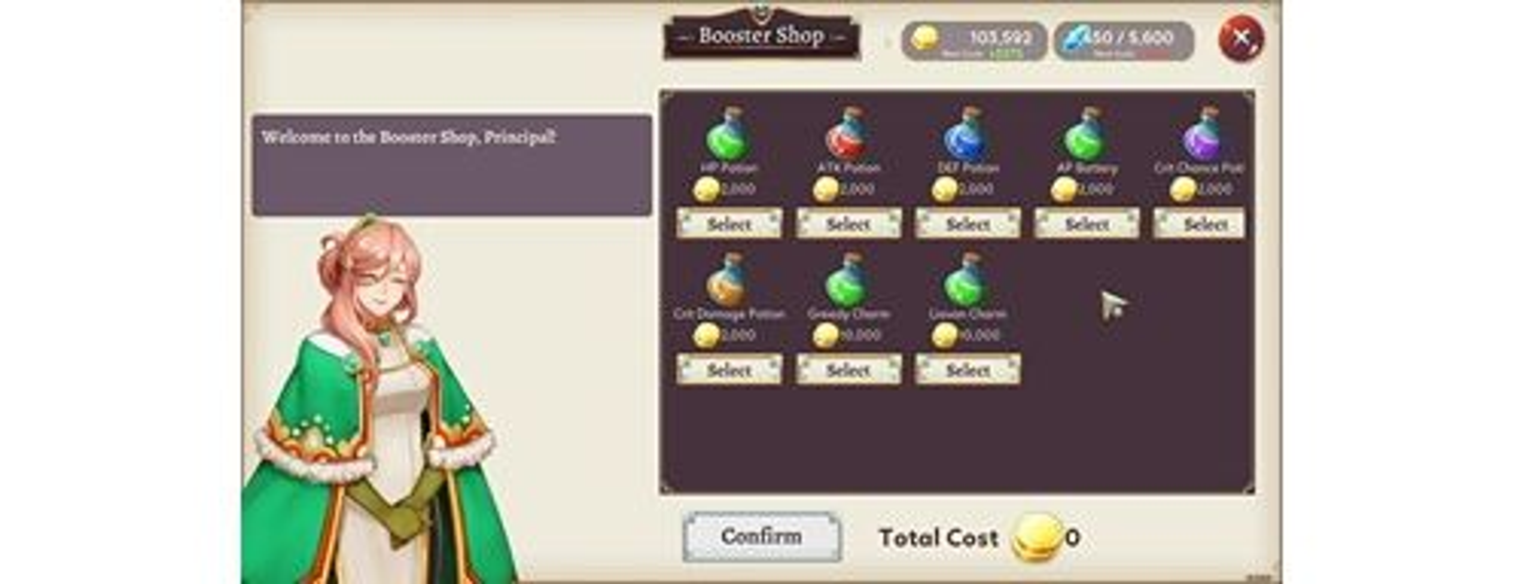 Interfaz del juego: Tienda con pociones, un personaje y texto.