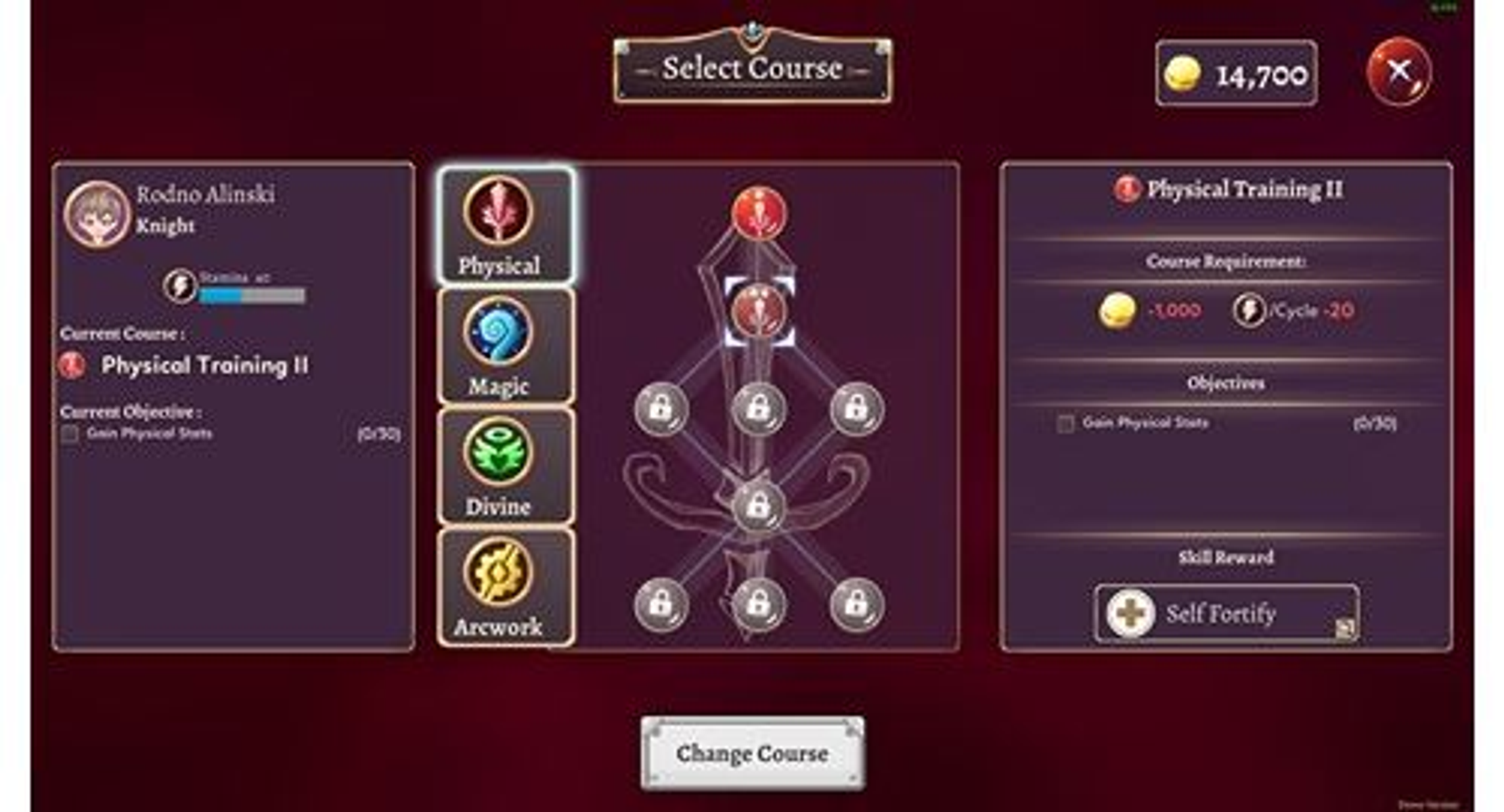 Interfaz del juego mostrando la selección de curso. Opciones: Físico, Mágico, Divino y Arcwork. Monedas de oro.