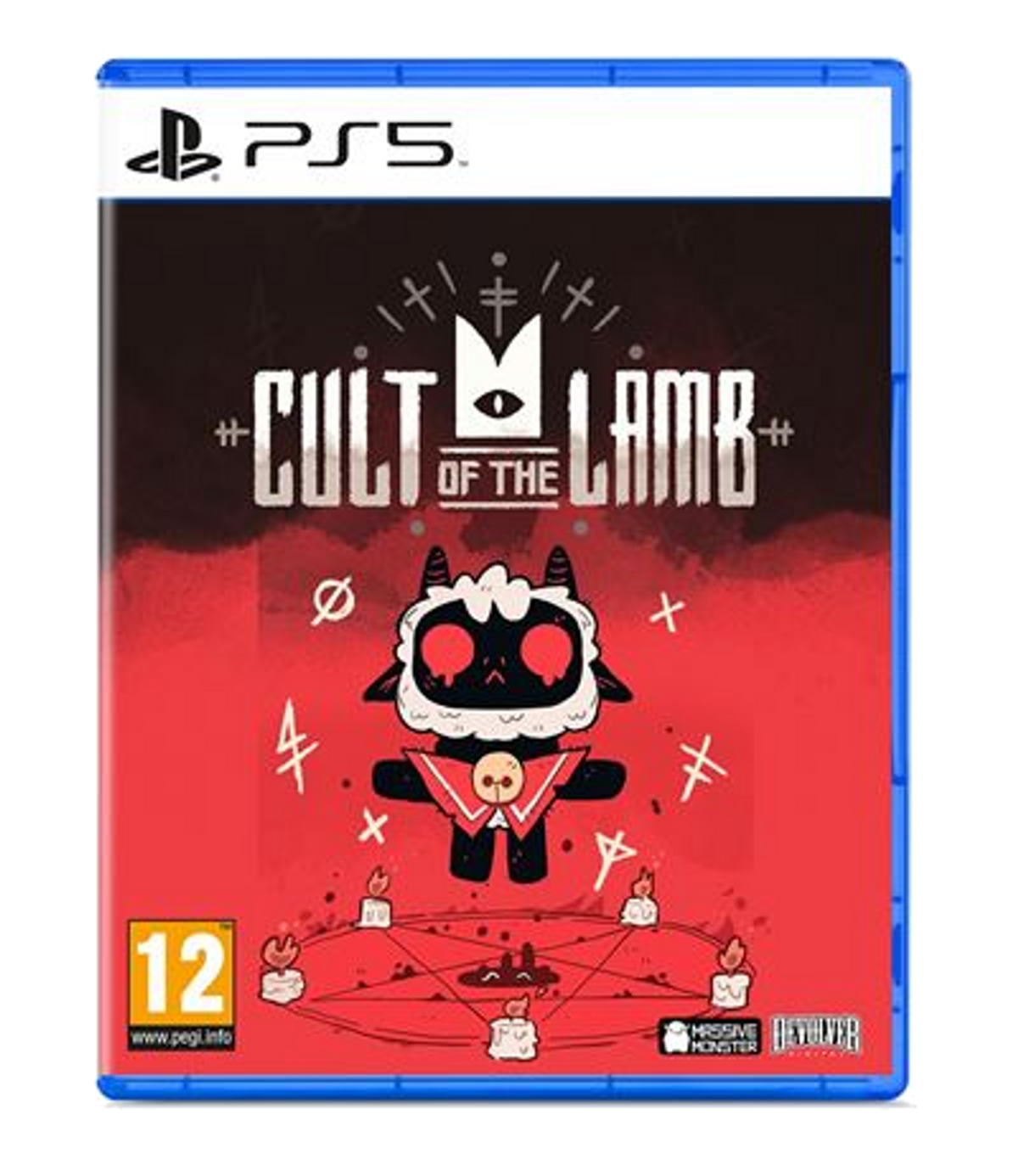 Pudełko gry PS5 „Cult of the Lamb”. Czerwona okładka z postacią jagnięcia i tytułem gry.