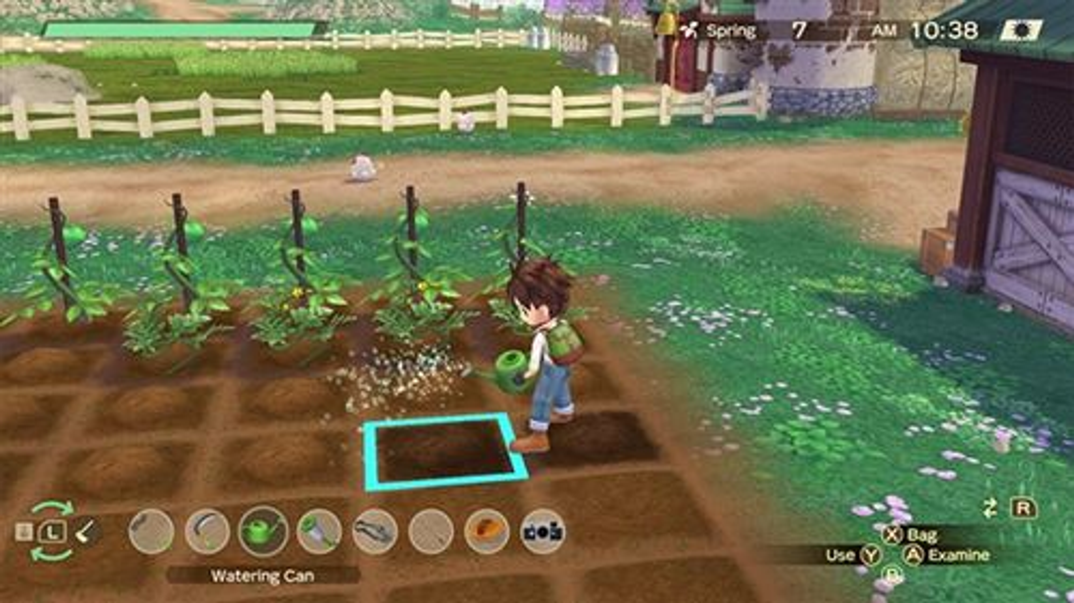 Scène de jeu d'un agriculteur arrosant des cultures dans un champ, journée ensoleillée.