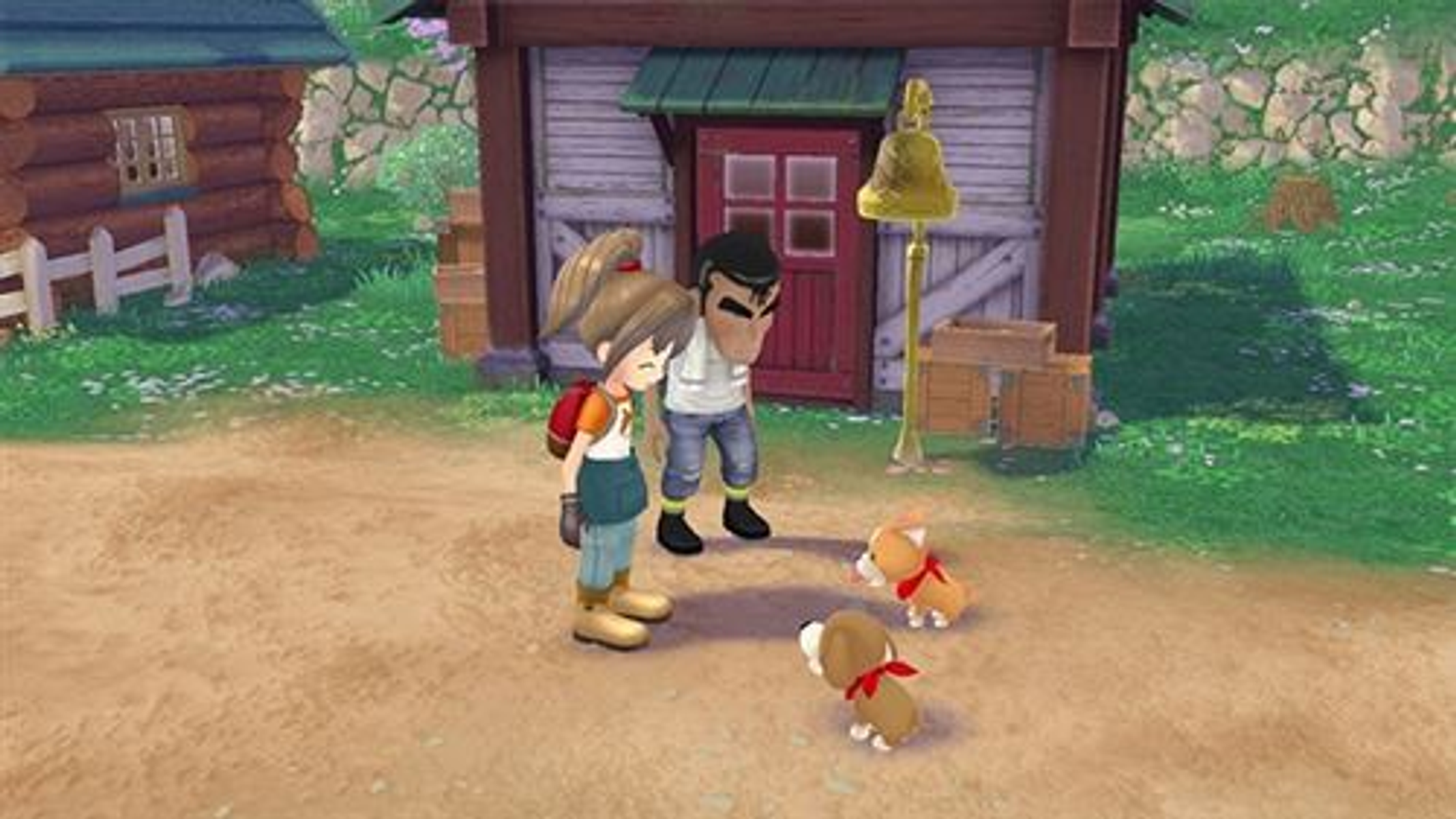 Scène de dessin animé : un couple et deux chiots sur un chemin de terre. Une maison en bois en arrière-plan.