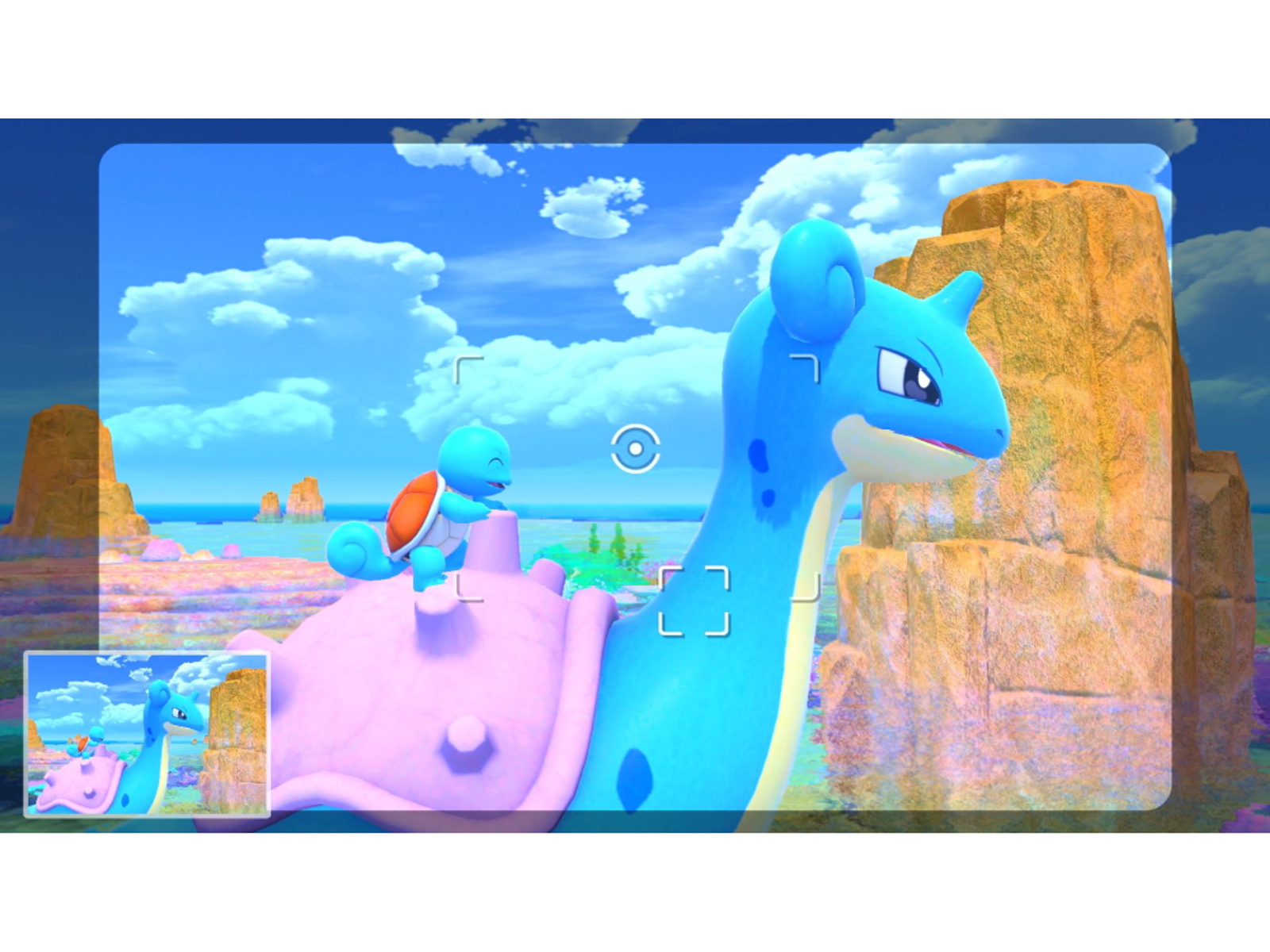 Scena z Pokémonami z Laprasem i Squirtle. Są w ramce aparatu.