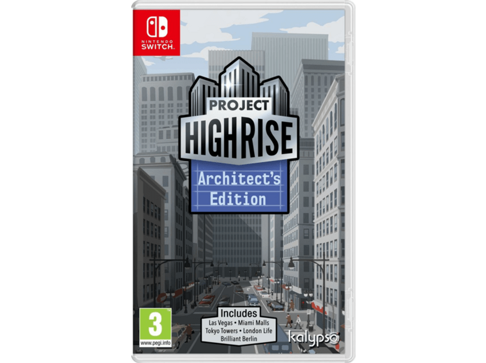 Scatola di gioco per Nintendo Switch. Il gioco è Project Highrise. La copertina presenta edifici e il titolo.
