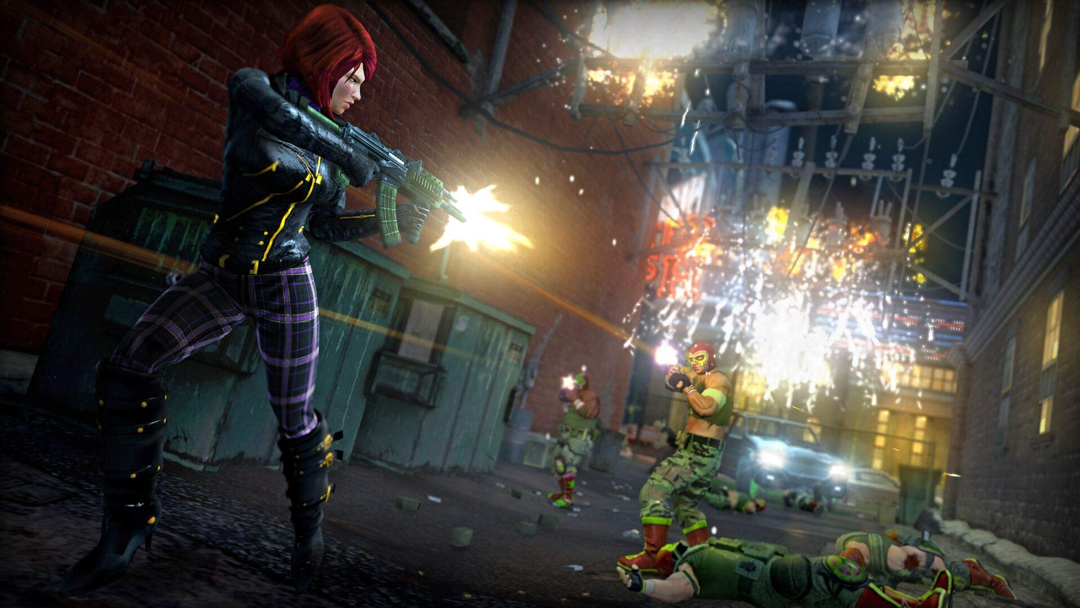 Scena da un videogioco. Una donna spara con una pistola. Esplosioni e nemici sullo sfondo.