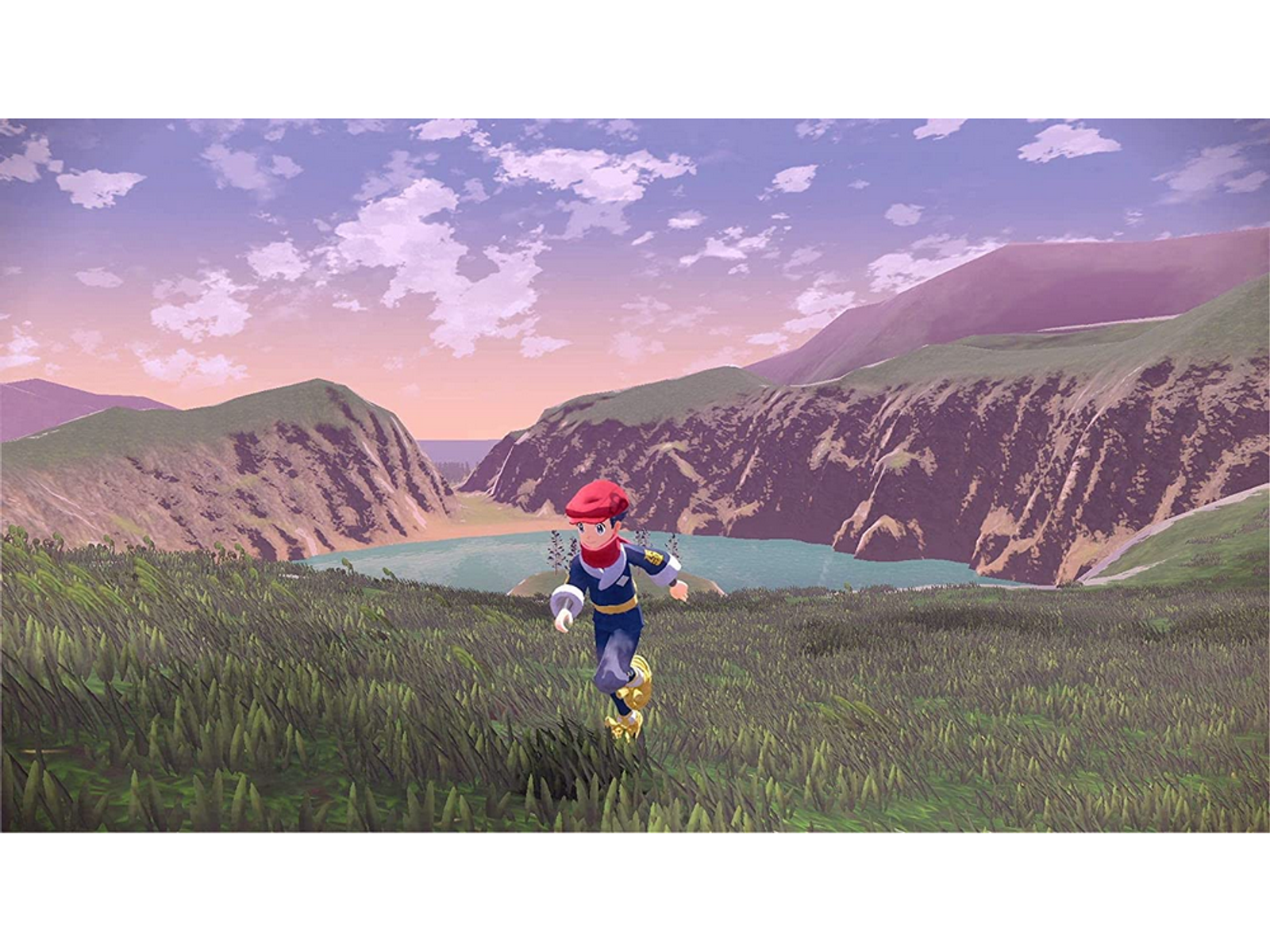 Postać biegnąca przez zielone pole z górami w tle.