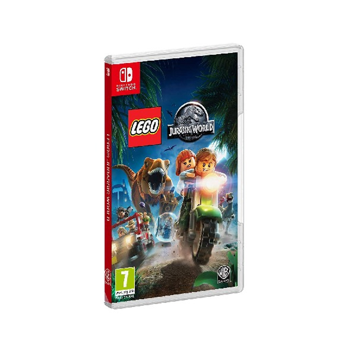 Pudełko z grą Lego Jurassic World na Switch. Pokazuje postacie na motocyklu ścigane przez T-Rexa.