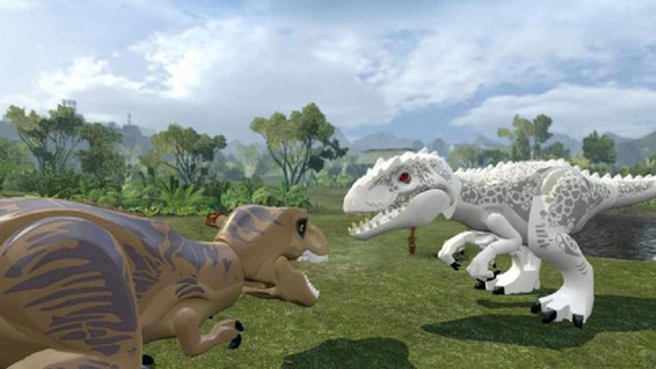 Scena Lego: T-Rex i Indominus Rex dinozaury stają naprzeciwko siebie, zielone tło.
