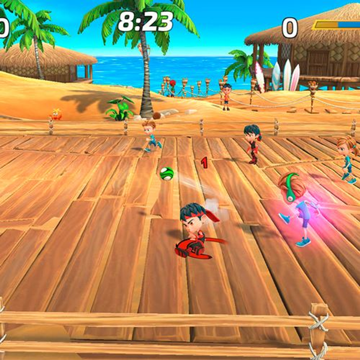 Una scena sulla spiaggia con personaggi dei cartoni animati che giocano a pallavolo. Il tabellone mostra 1 a 0.