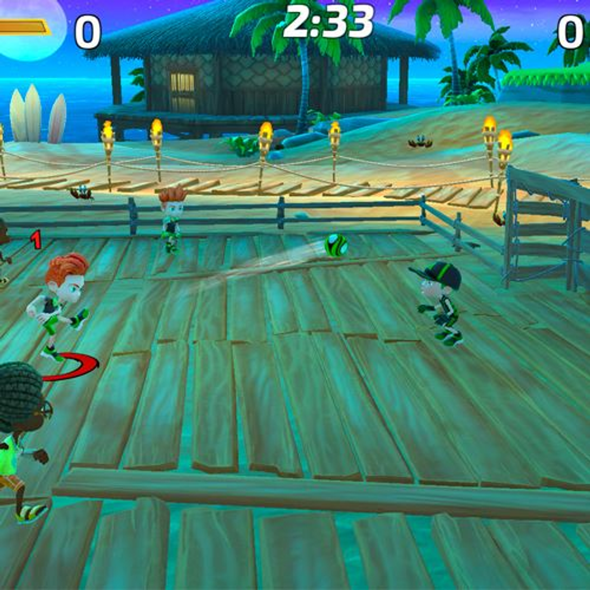 Uno schermo di gioco che mostra personaggi che giocano a pallavolo sulla spiaggia.