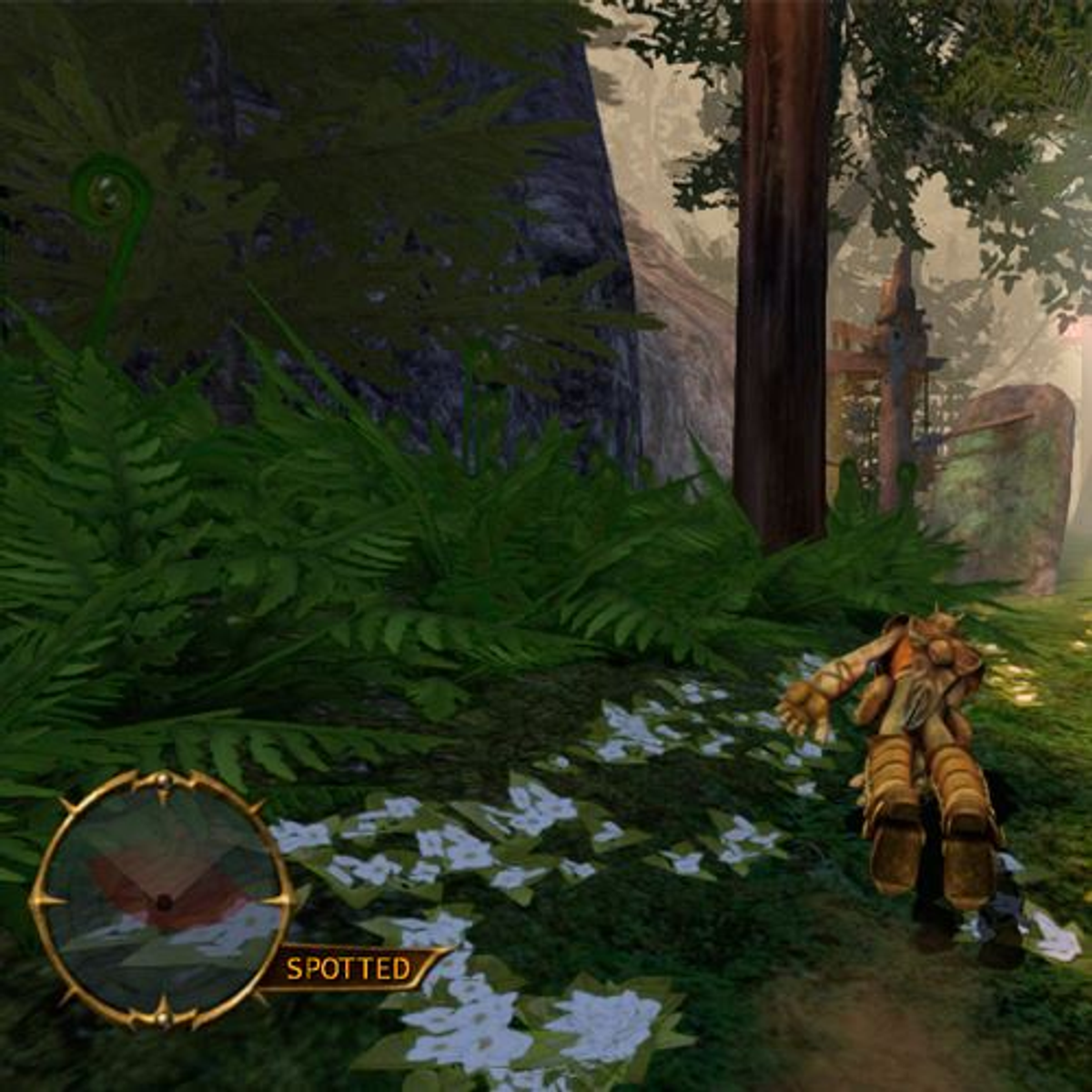 Escena de juego, un personaje con armadura camina por un camino a través de un bosque.